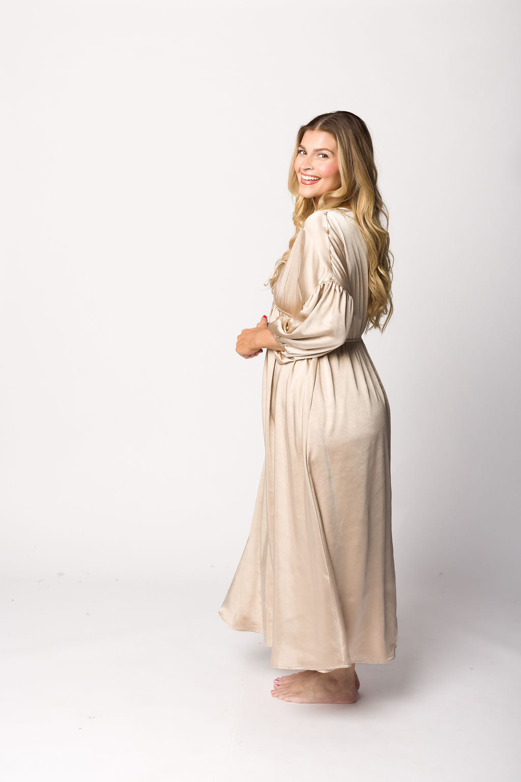Hunter Premium Satin Midi Dress in Champagne - Bump Friendly Maternity Dress for Special Occasions & Pregnancy Photoshoots