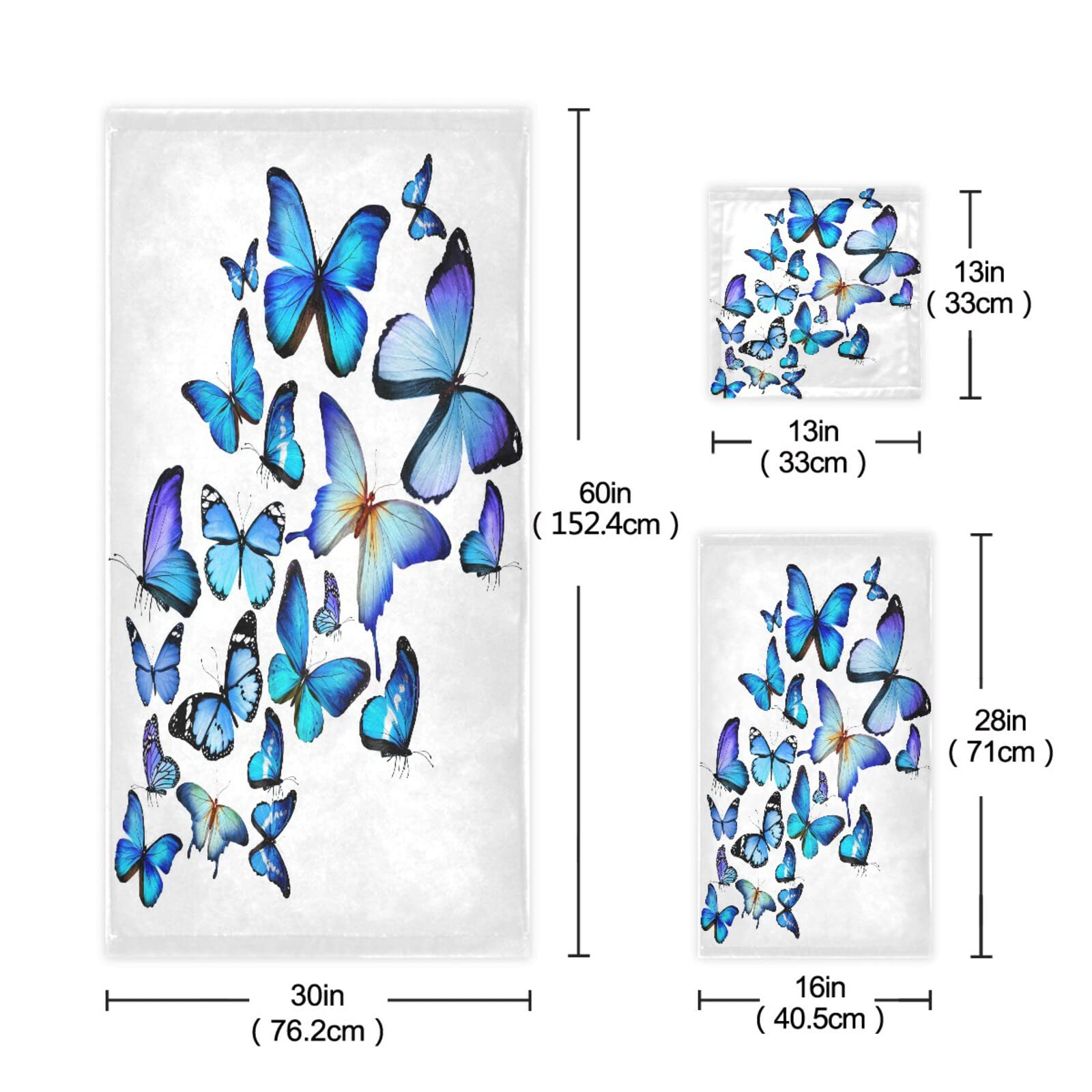 ALAZA Blue Butterflies Bath Towel Set - Luxury 3-Piece Decorative Set (1 Bath Towel, 1 Hand Towel, 1 Washcloth) - Ultra Soft & Absorbent for Bathroom, Hotel, Gym, Yoga & Spa - Perfect for Home Decor, Guest Towels & Self Care