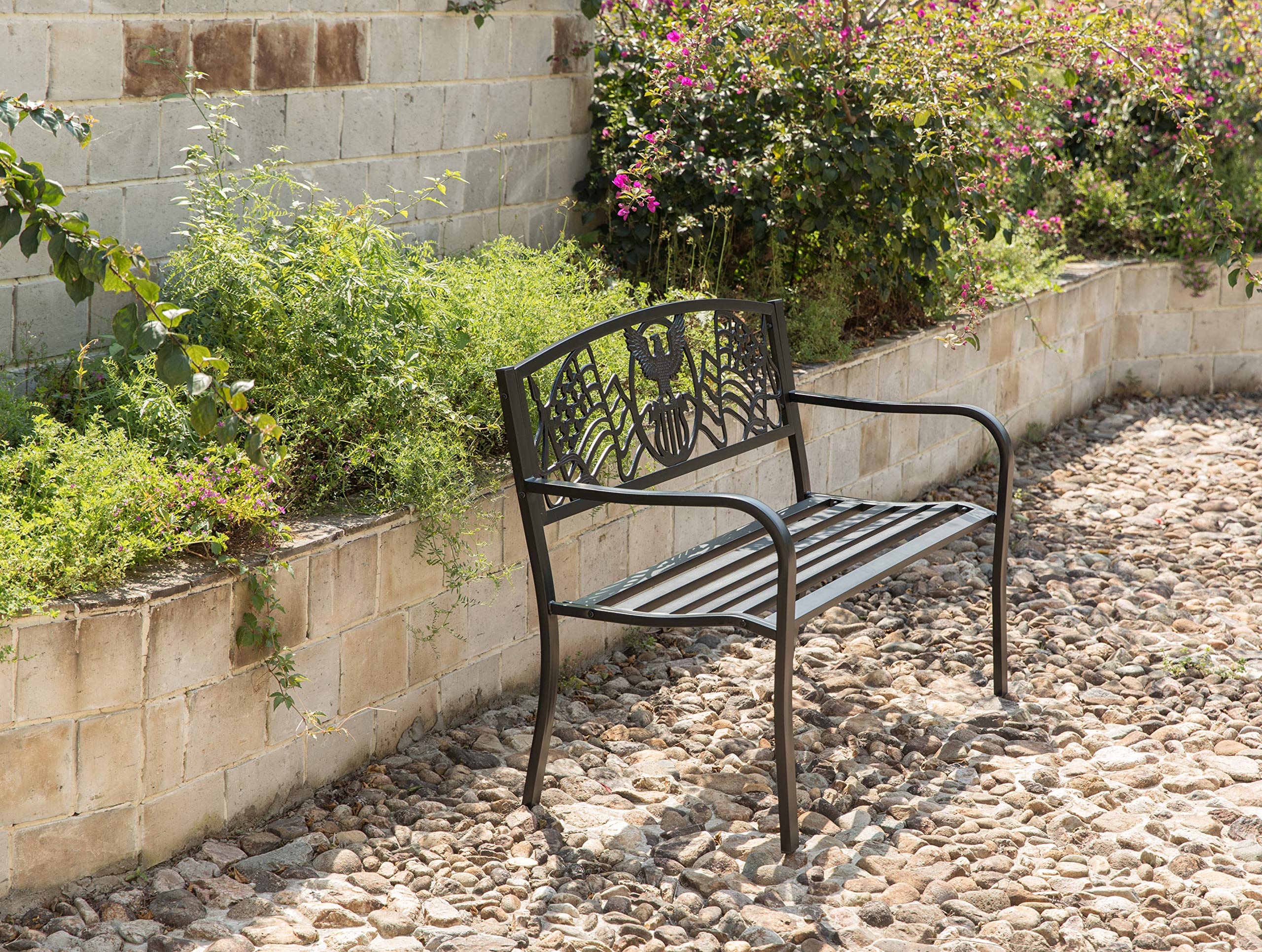Patriotic American Flag & Eagle Backrest Steel Outdoor Bench - Heavy Duty Cast Iron Garden, Park, Porch & Lawn Seating for Decorative Patio, Yard & Outdoor Spaces