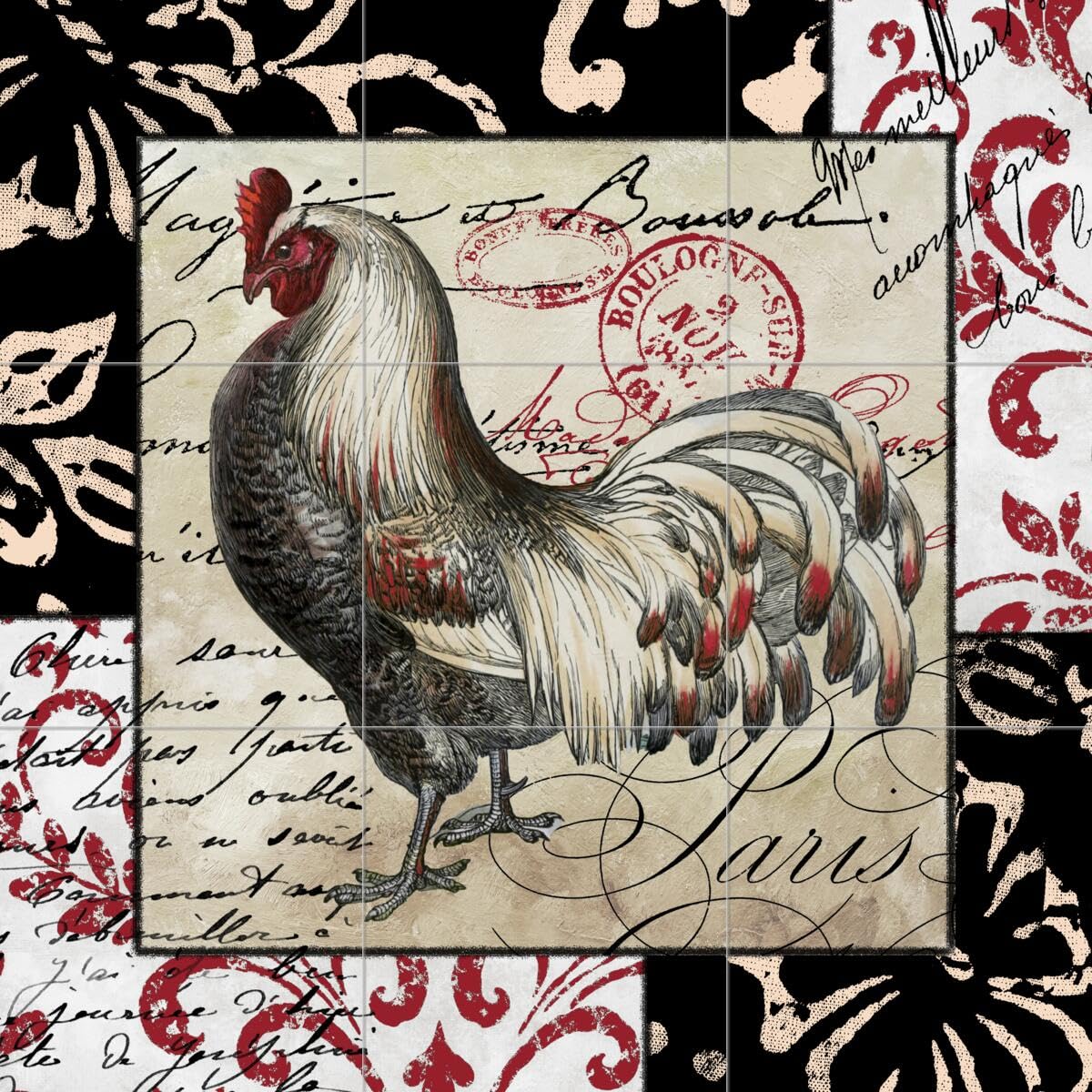 Hand-Painted Ceramic Backsplash Tile Mural - Rooster Hen Chicken Design for Kitchen & Bathroom - Europa I Rooster in Bakery Color - Perfect for Farmhouse, Rustic, and Vintage Style Decor