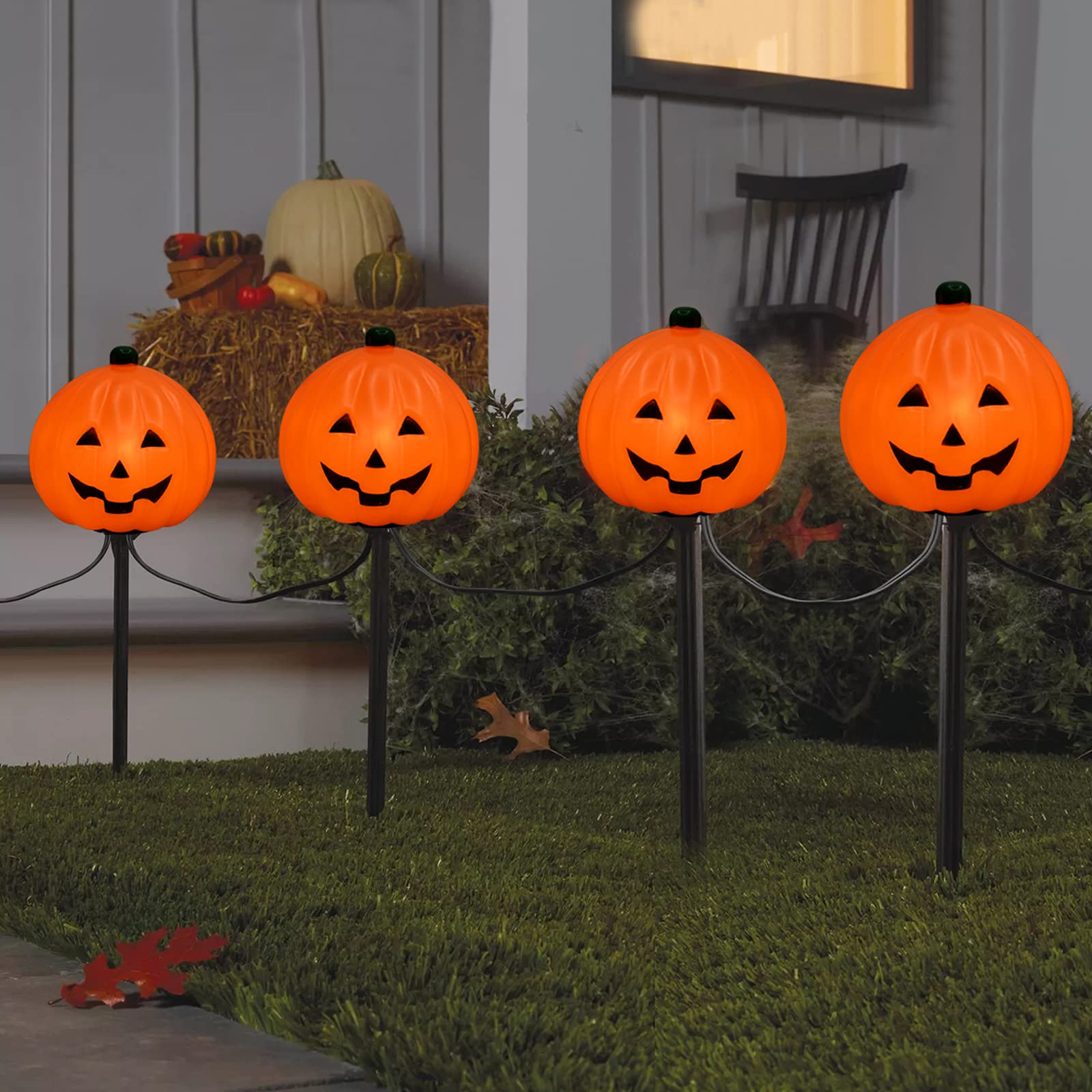 7Ft Connectable C7 Halloween Pumpkin Pathway Lights - Outdoor String Lights with 4 Pumpkin Stakes for Garden, Walkway, Yard, Driveway & Lawn Decor | Perfect for Halloween Party, Trick-or-Treating & Spooky Outdoor Lighting