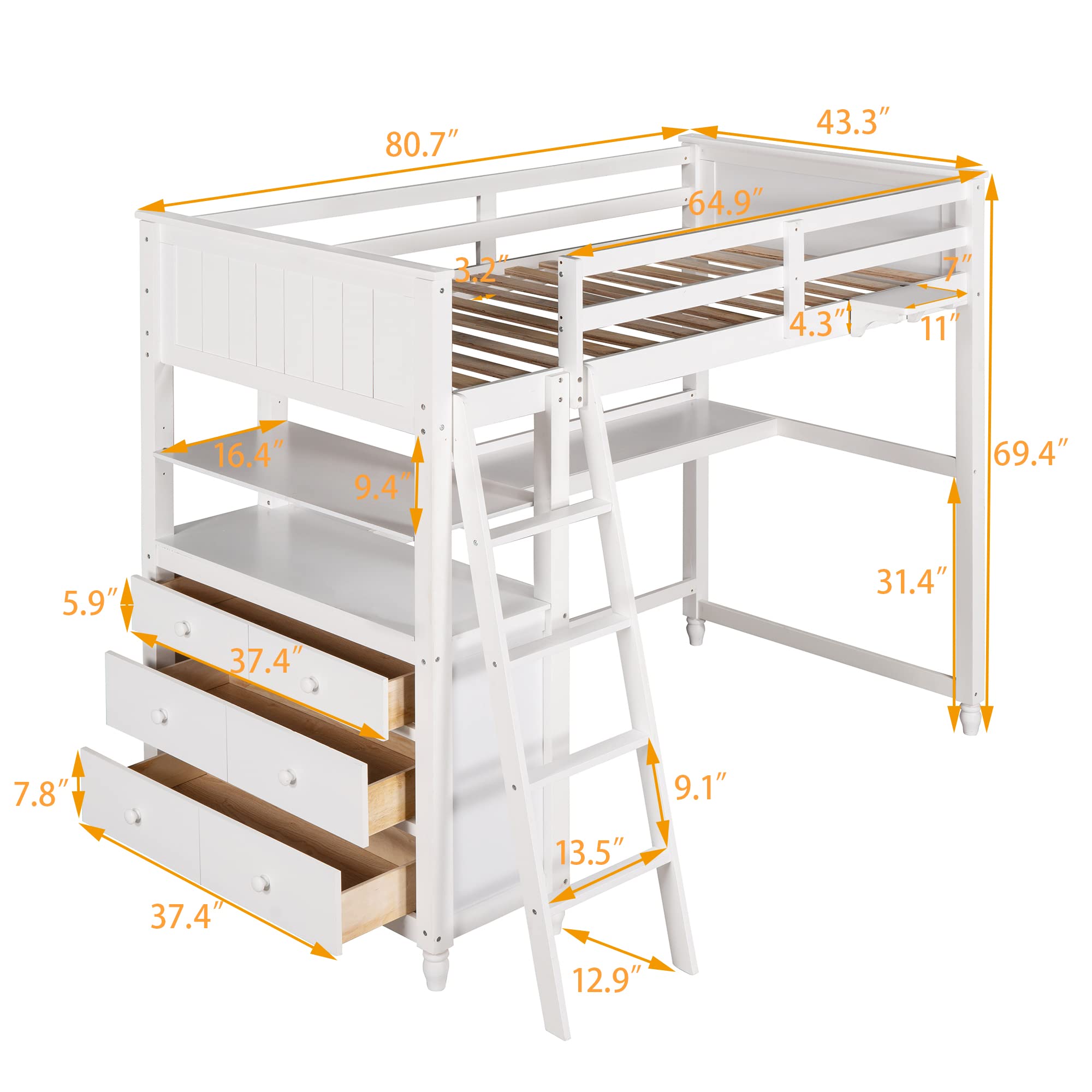 **Solid Wood Twin Loft Bed with Desk for Kids - 3 Drawers & 3 Storage Shelves, Multi-Functional Study & Sleep Space with Ladder & Guardrails (White) - Perfect for Small Bedrooms & Dorm Rooms**