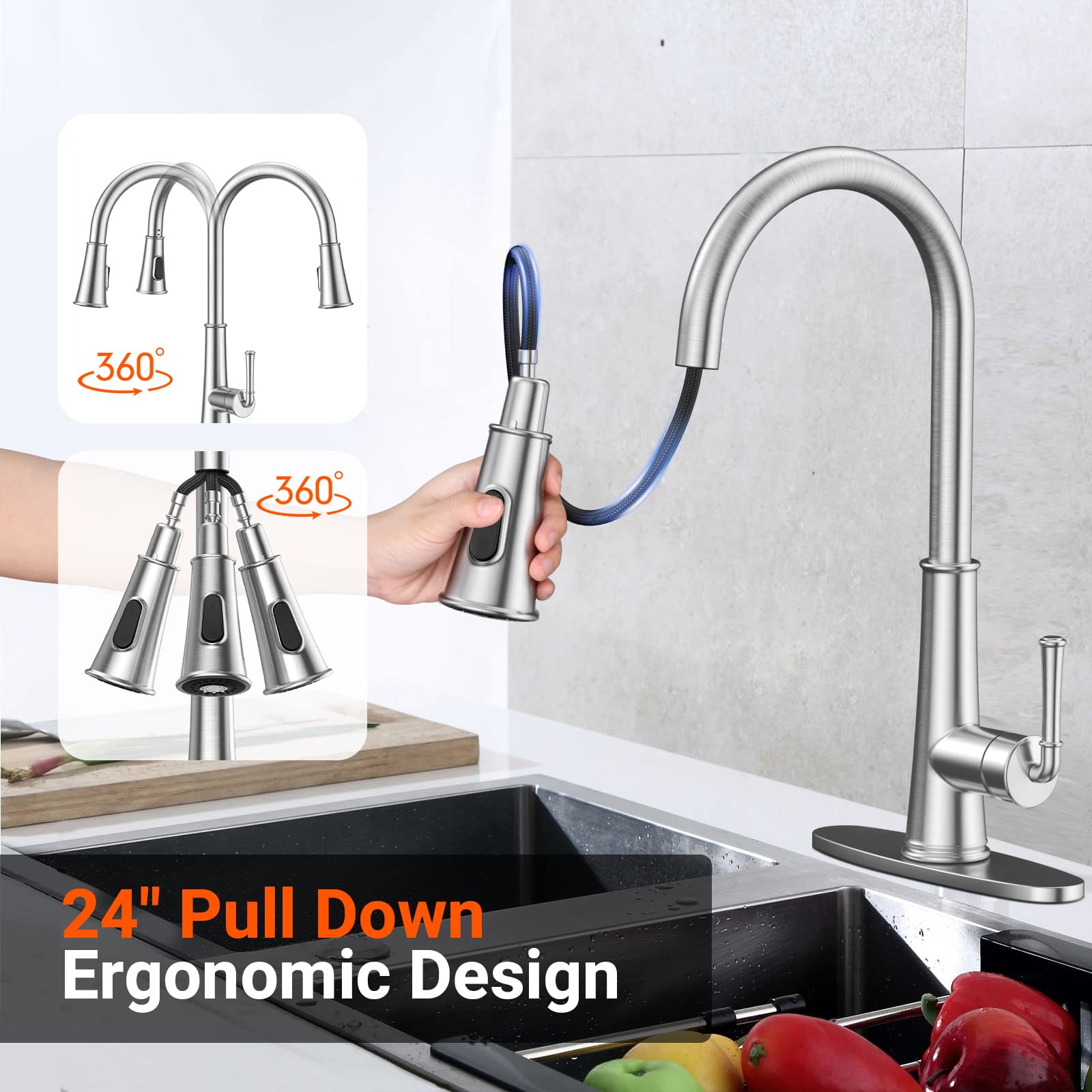 Brushed Nickel LED Kitchen Faucet with Pull Down Sprayer for RV & Bar Sinks