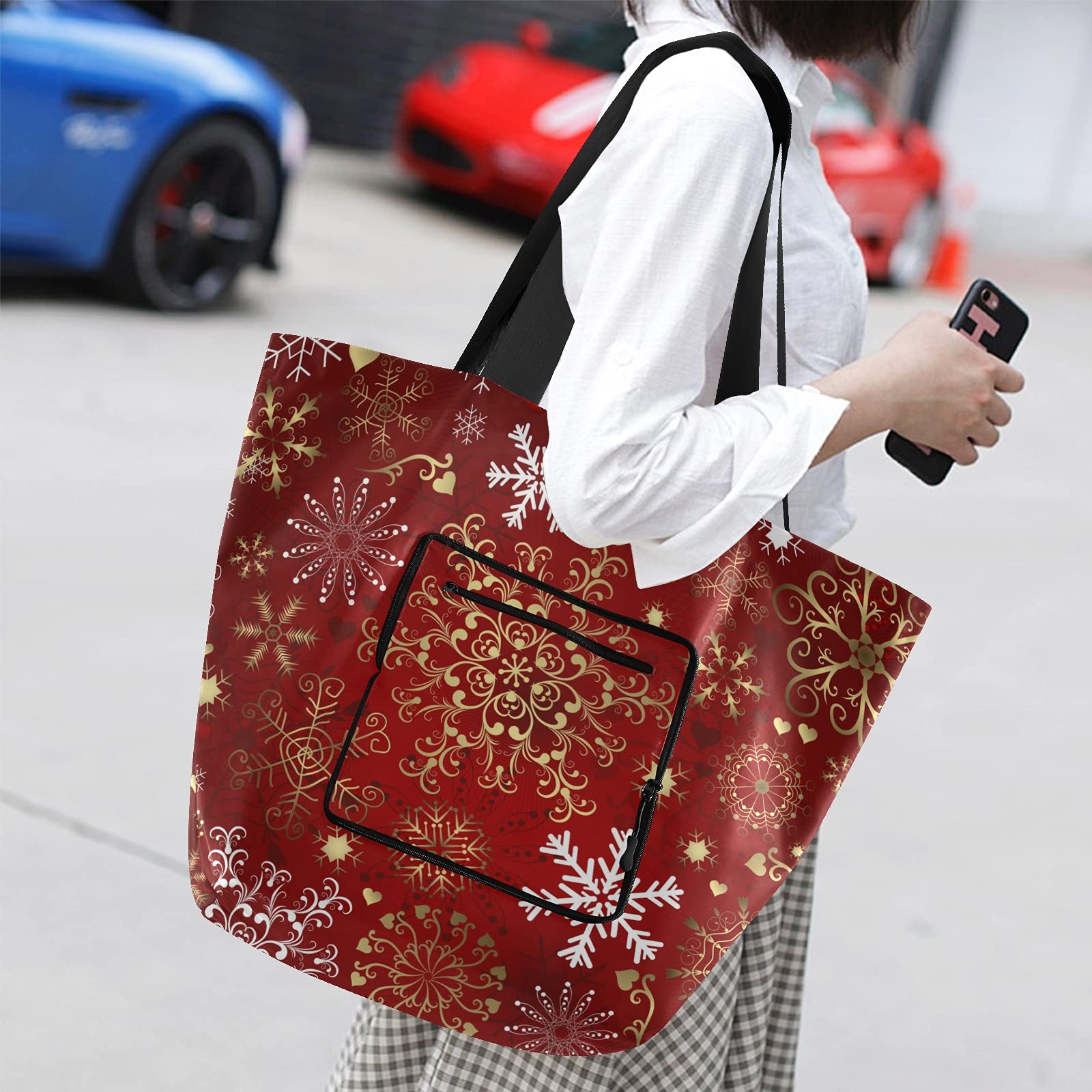 ALAZA Merry Christmas Snowflake New Year Xmas Large Reusable Tote Bag - Foldable Lightweight Grocery Shopping Bag with Handles for Outdoors, Picnic, Travel, Holiday Gift Giving & Seasonal Celebrations