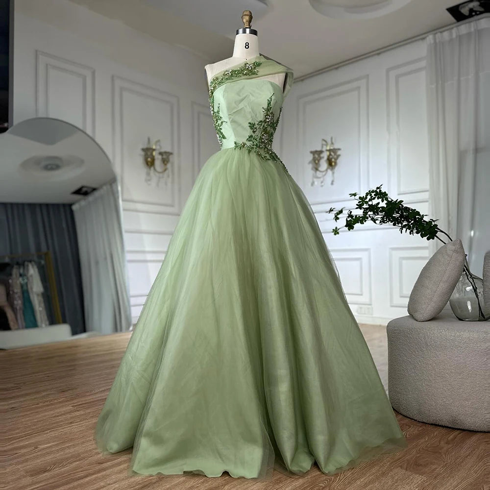 Elegant One Shoulder Sage Green Dubai Luxury A-Line Appliques Long Arabic Evening Gown LA72783 for Formal Events, Weddings & Red Carpet Occasions