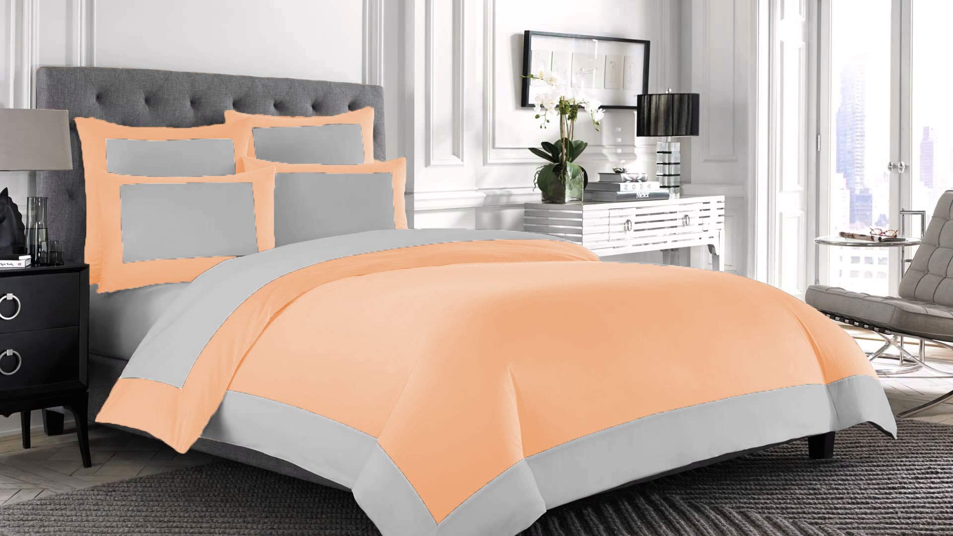 8-Piece Luxury Reversible King Size Bedding Set (3pc Duvet Cover + 4pc Sheet Set + 1 Bed Skirt) - 100% Egyptian Cotton 500 Thread Count - Peach & Silver Two-Tone Design - Perfect for Master Bedroom, Guest Room & Luxury Hotels