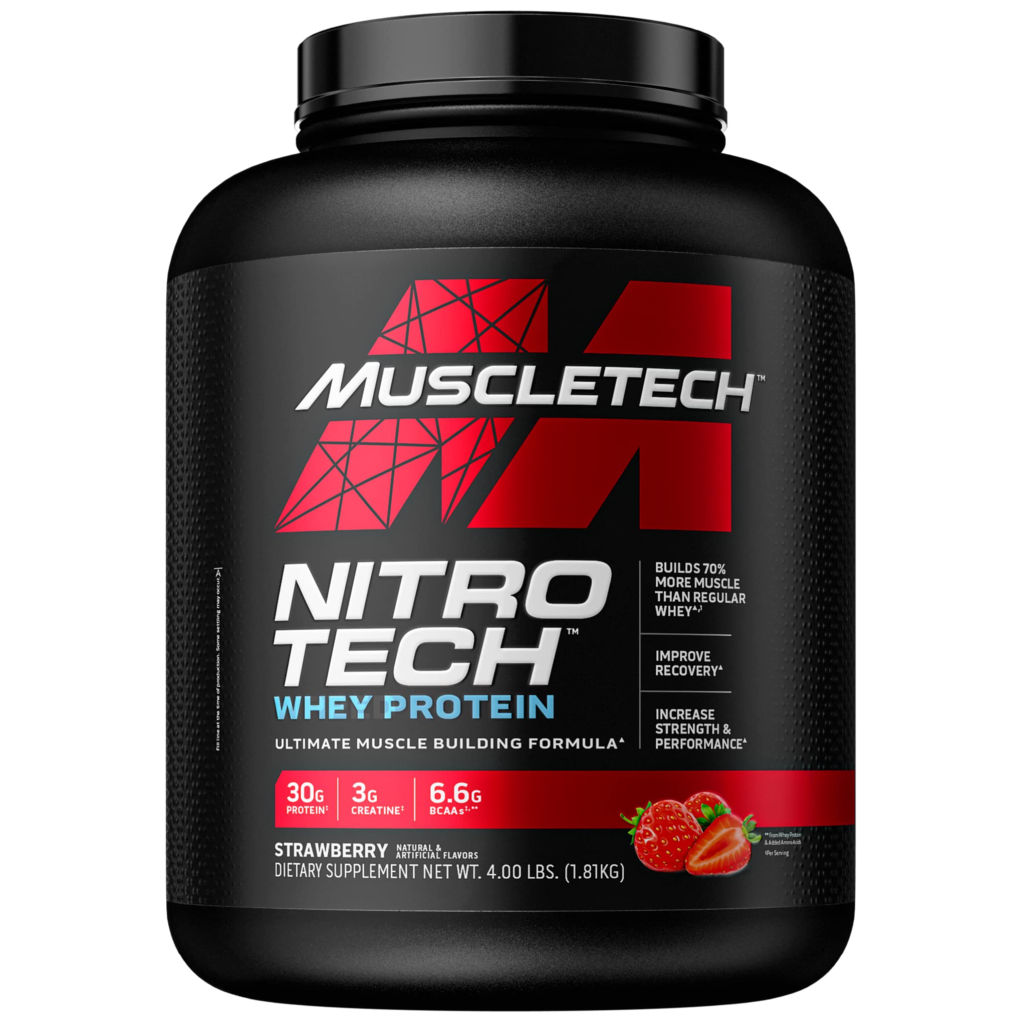 Nitro-Tech Whey Protein Powder with Isolate & Peptides + Creatine for Muscle Growth - 4lb (40 Servings) | Strawberry Flavor | Sports Nutrition for Men & Women | Pre/Post Workout & Recovery