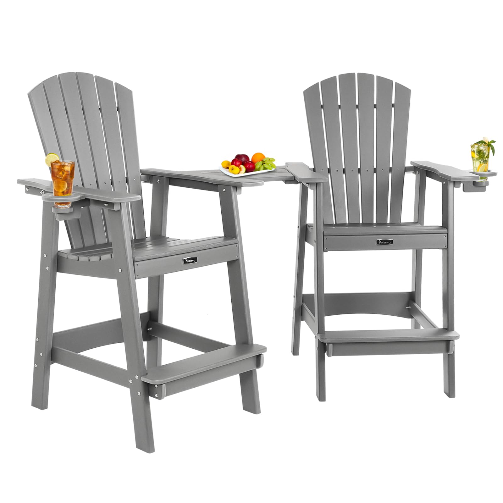 FUNBERRY 2-Piece Tall Adirondack Chair Set with Connecting Tray & Cup Holders - High Top Resin Outdoor Bar Stools, Durable High Back Balcony Chairs - Perfect for Poolside, Patio, Beach & Backyard Relaxation