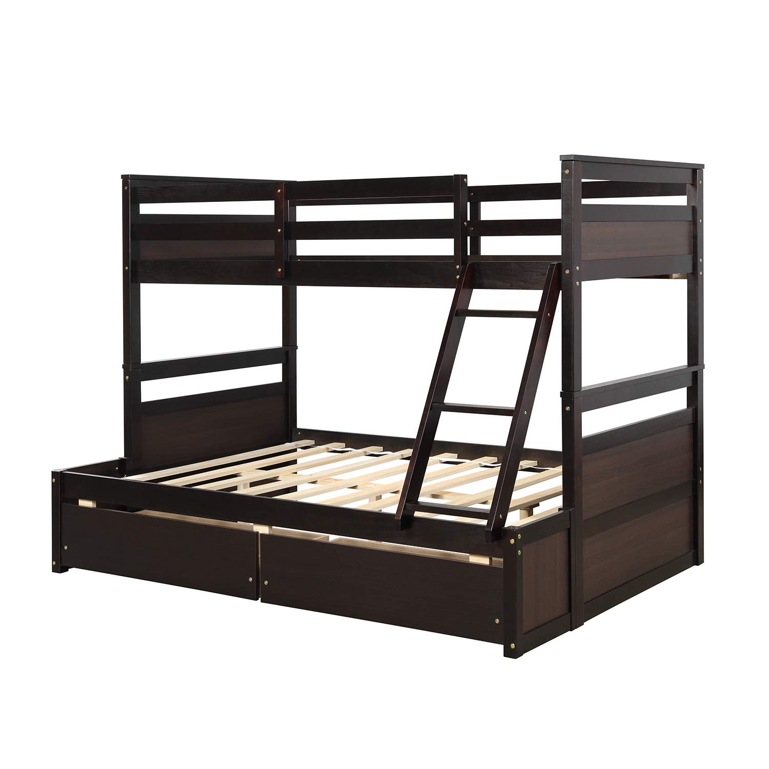 Solid Wood Twin Over Full Bunk Bed with Storage Drawers & Safety Rail - Convertible to 2 Separate Beds, Loft Bed or Platform Bed - No Box Spring Needed (Espresso Finish) - Perfect for Kids' Rooms, Guest Rooms & Small Spaces