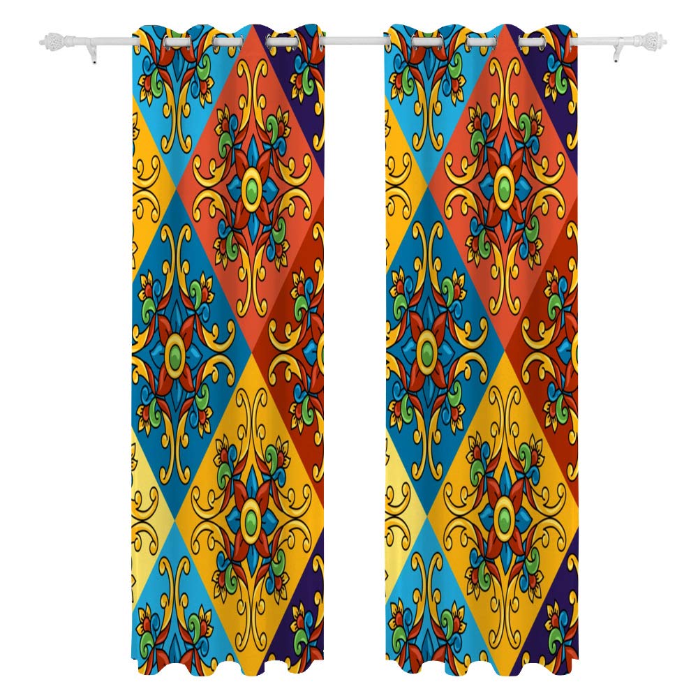 Kuizee Blackout Curtains 84×55 Inch - 2 Panels Sun Blocking Thermal Insulated Mexican Talavera Floral Design for Living Room & Bedroom | Grommet Top Window Treatments for Year-Round Comfort & Privacy