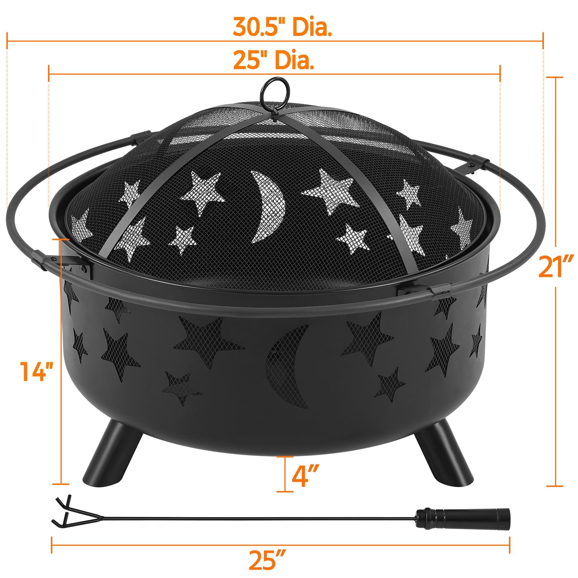 Topeakmart 30 Inch Black Iron Fire Pit Bowl - Wood Burning Outdoor Brazier with Star & Moon Design for Backyard, Camping, Patio & Garden - Perfect for Roasting Marshmallows & Evening Gatherings