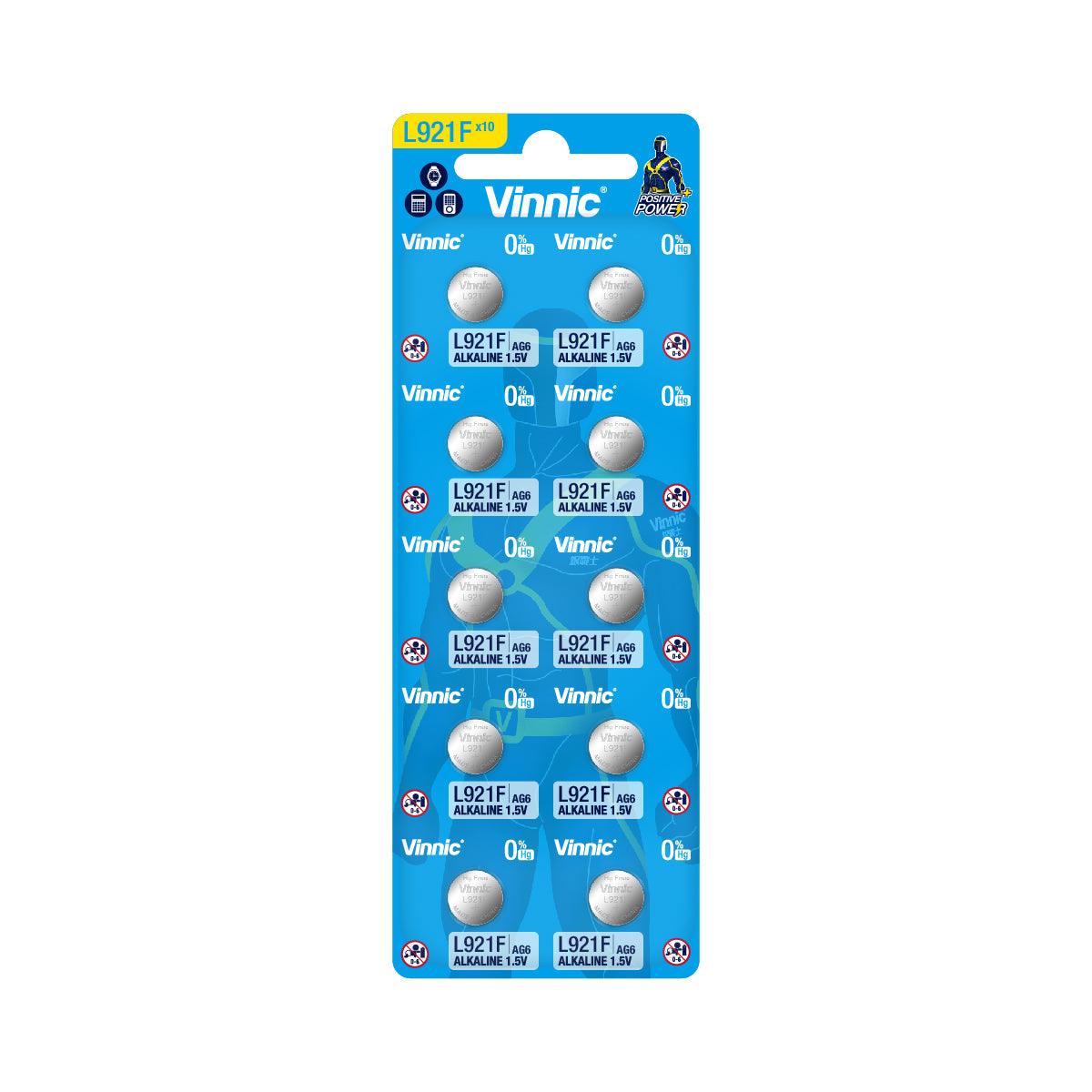 Vinnic Alkaline Button Cell AG6 / L921F (1.5V) - 10 Pack - Long-Lasting Power for Watches, Calculators, Toys & Small Electronics