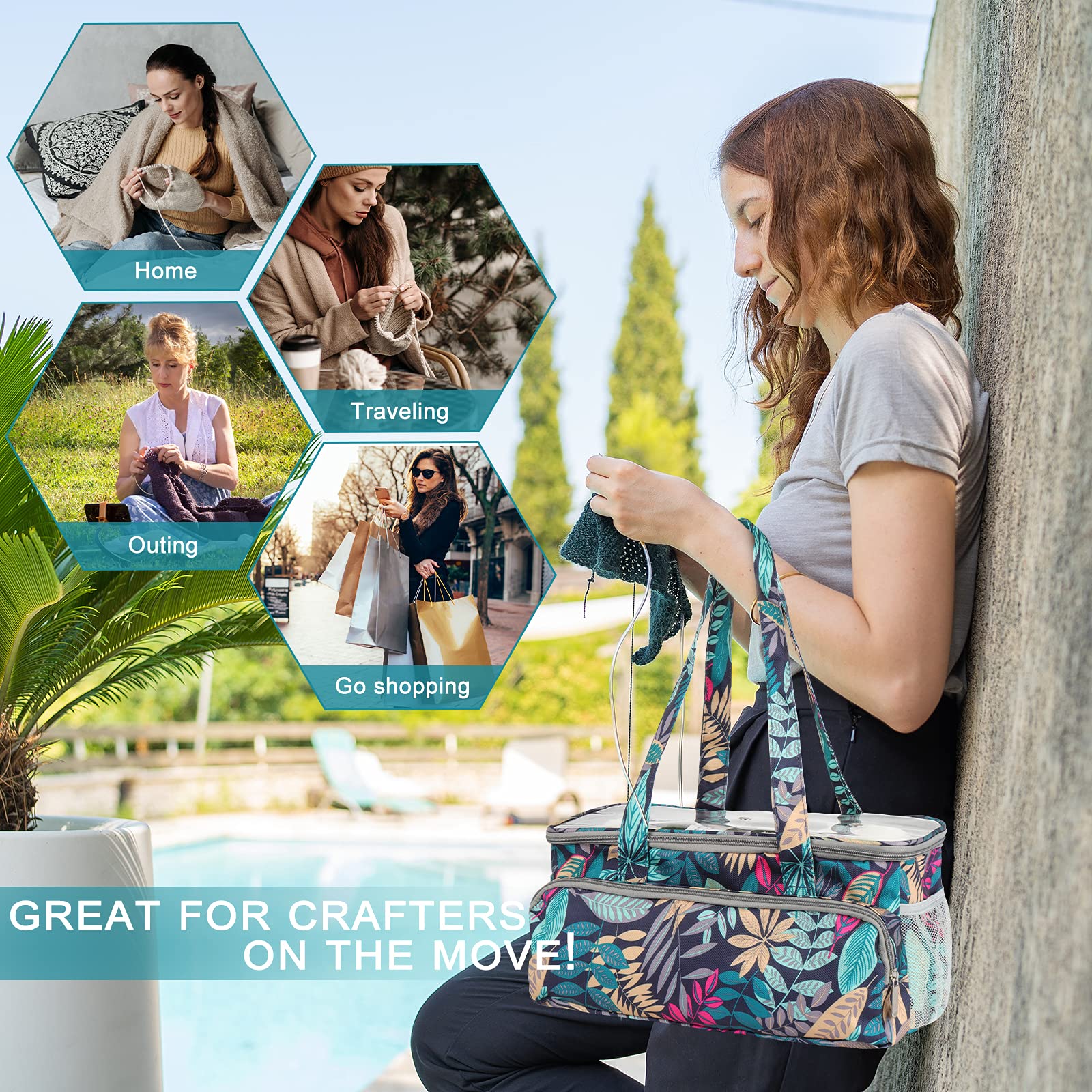 Coopay Knitting Bag - Large Travel Knitting Organizer & Crochet Project Tote with Multiple Pockets for Yarn Storage, Embroidery Supplies & Wool Holder - Perfect for Crafting On-The-Go, Commuting & Vacation Projects (Rainforest Pattern)
