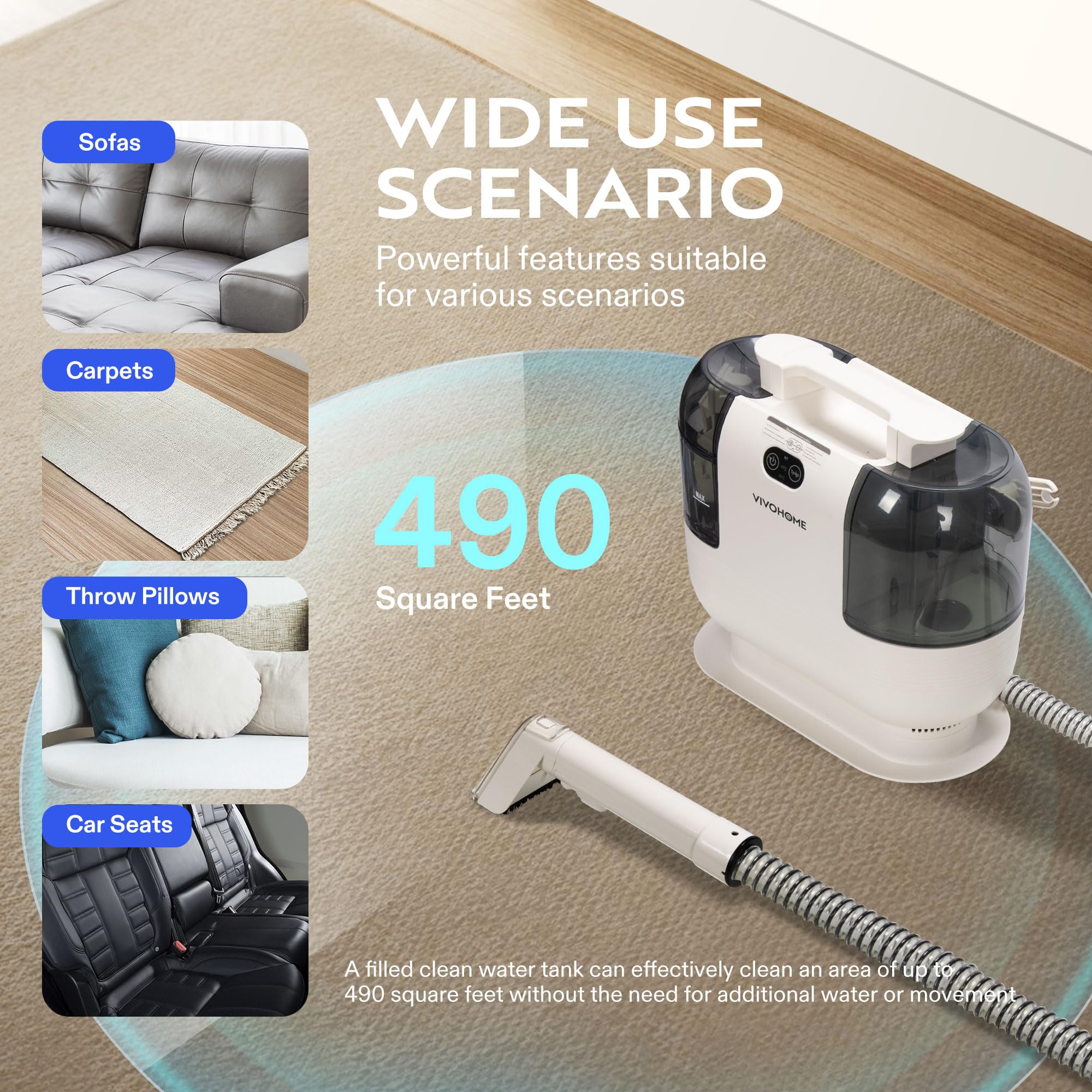 VIVOHOME Portable Carpet Cleaner Machine - 15s Fast Heating, 14Kpa Strong Suction, 4 Detachable Brush Heads for Pets, Upholstery, Couch & Car Seats - Self-Cleaning Spot Cleaner for Home, Office & Travel Use