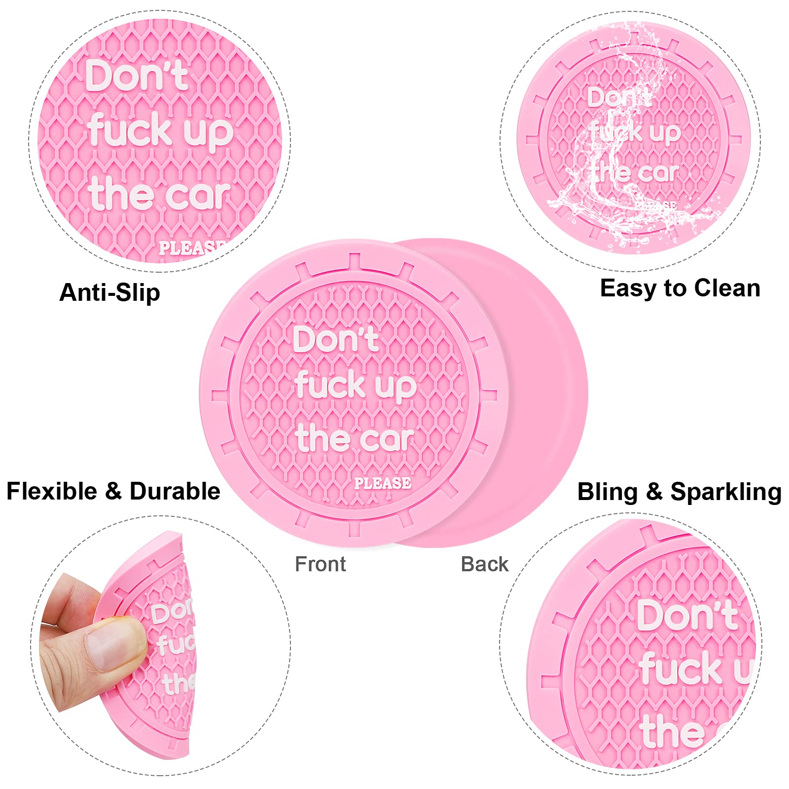 4PCS Non-Slip Silicone Car Cup Holder Coasters - Universal Fit for Most Vehicles, Pink Interior Accessories for Women | Perfect for Coffee, Drinks & Daily Commute