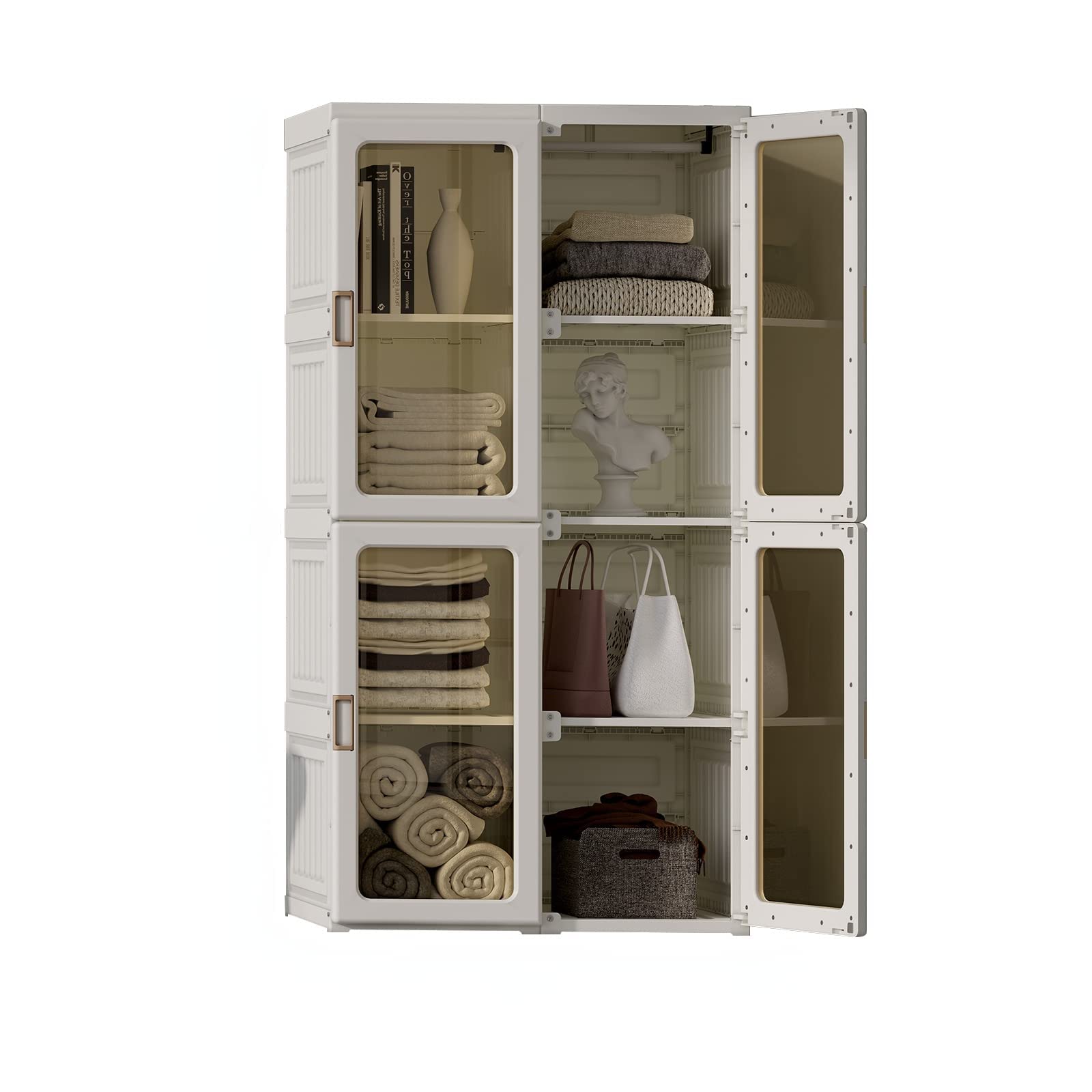 MAYIBOX Portable Closet Wardrobe with Hanging Rod & Doors - 4-15 Cube Storage Organizer for Bedroom, White (Transparent Door) - Space Saving Closet Solution for Small Apartments, Dorm Rooms & Temporary Housing