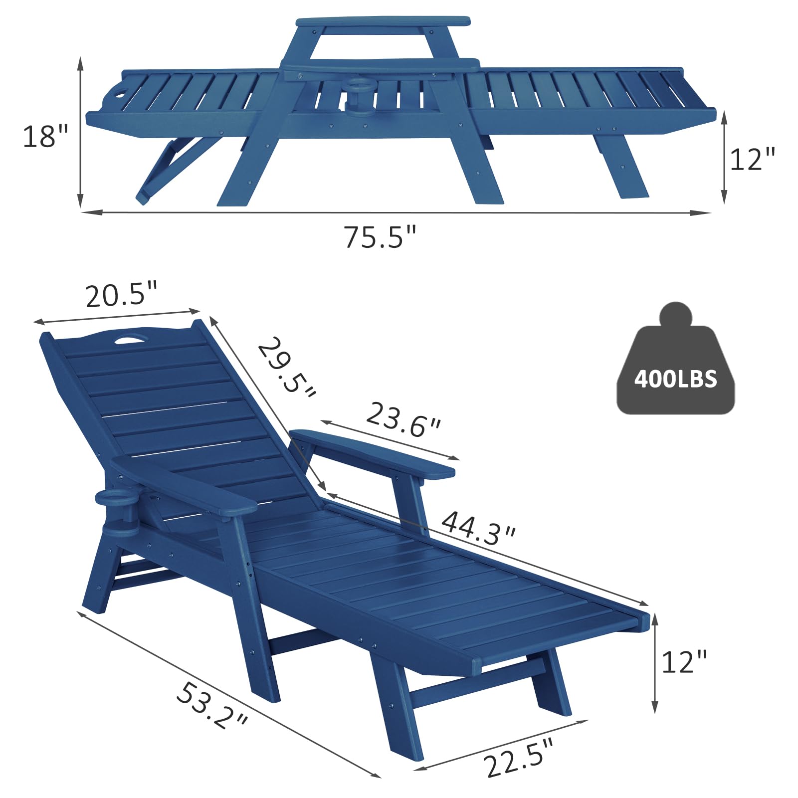 5-Position Adjustable HDPE Chaise Lounge Chair for Outdoor, Patio, Poolside & Beach - Supports 400 LBS - Navy Blue - Perfect for Sunbathing, Relaxing by the Pool or Backyard Lounging