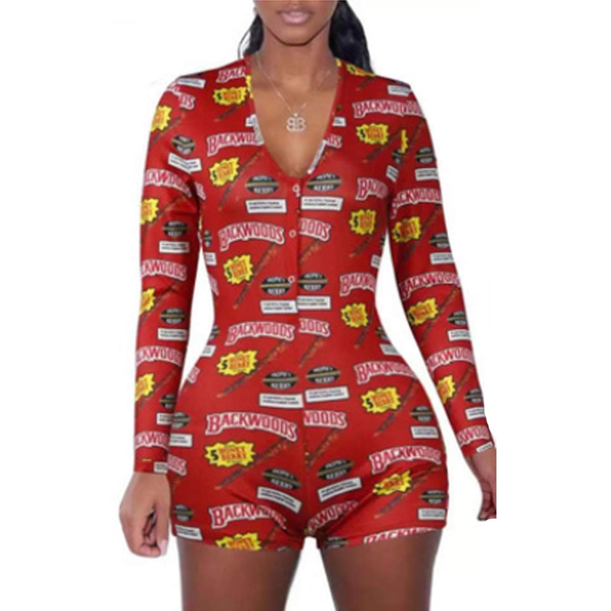 Sexy Women's Deep V Neck Long Sleeve Jumpsuit - Stretchy Bodycon Romper One Piece Pajama Outfit for Lounge, Sleepwear & Date Night