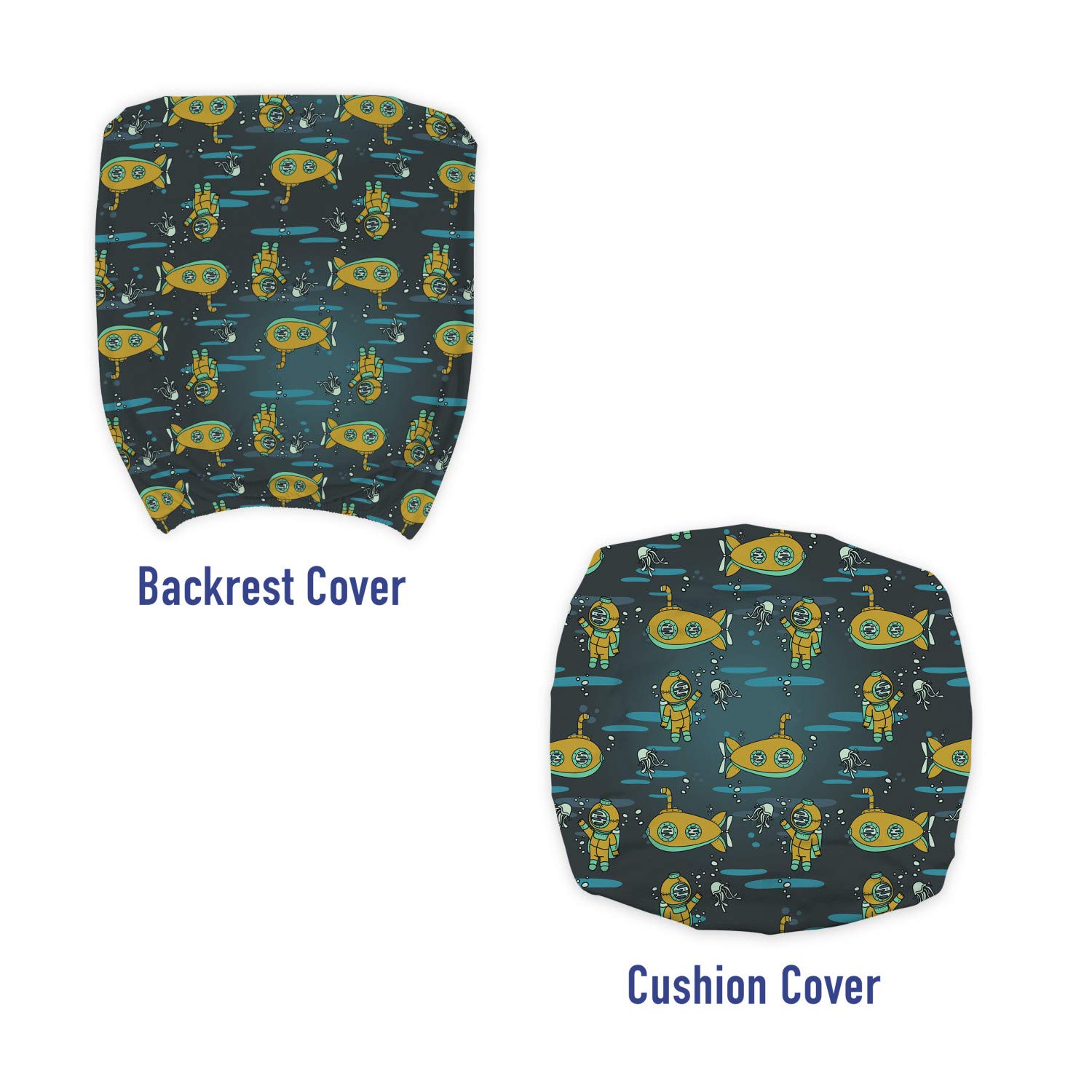 Lunarable Under The Sea Office Chair Slipcover - Submarine & Diver Waving at Jellyfish Cartoon Design with Bubbles, Stretchable Protective Fabric Cover (Standard Size, Green) for Home & Office Decor