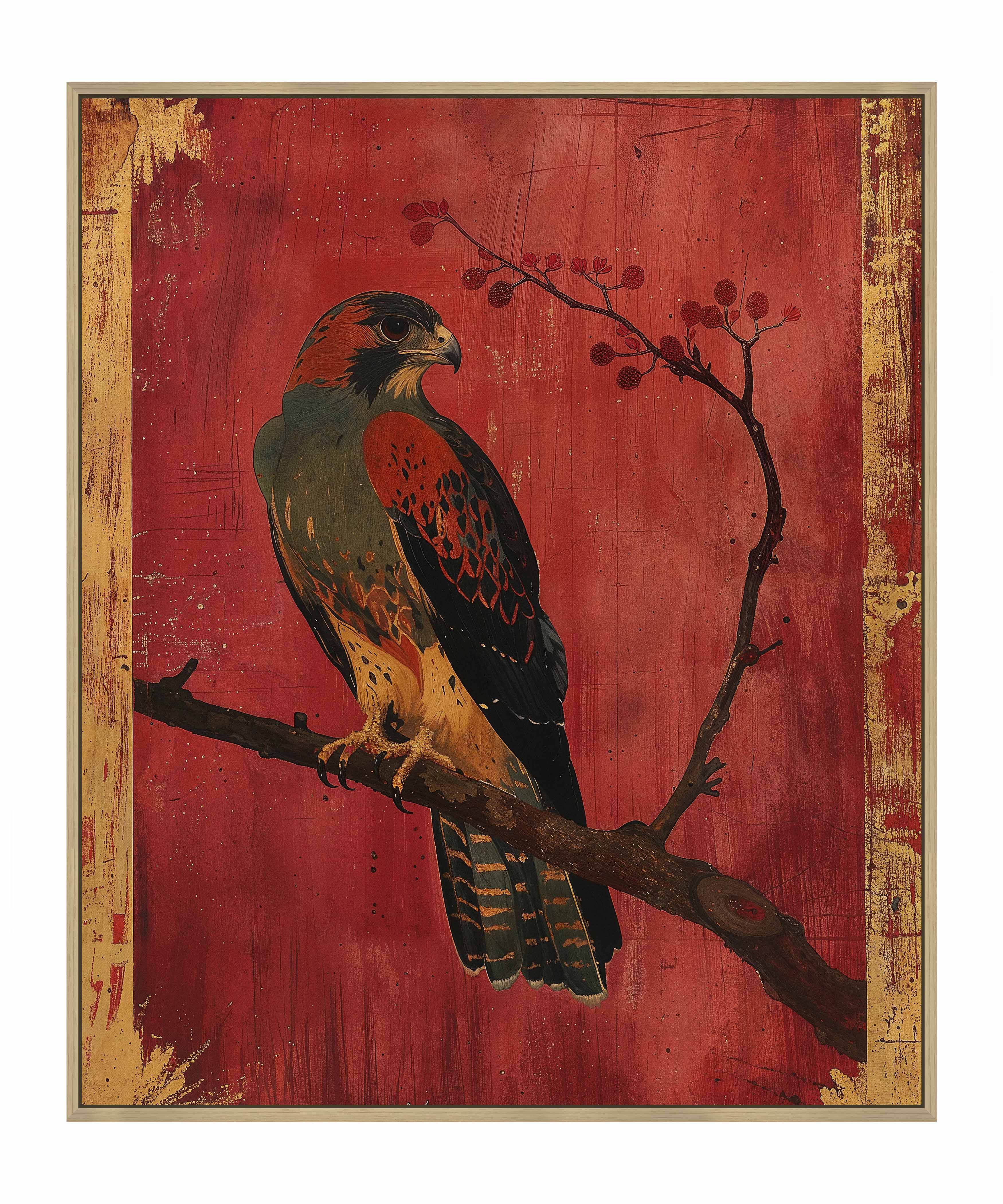 Crimson Majesty Falcon of the Silk Road Wall Art - Handmade Gallery Wrapped Canvas Painting for Living Room, Bedroom & Office Decor