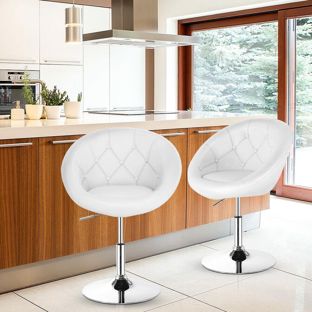 Adjustable Swivel Bar Stools Set of 2 - White Tufted Back Kitchen Counter Chairs for Home & Bar Use