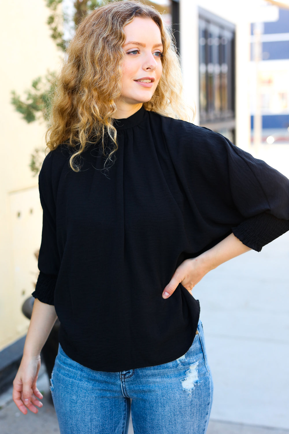 Black Smocked Three-Quarter Sleeve Tie Back Top for Women | Elegant Blouse for Date Night, Brunch & Summer Outfits | Flattering Casual & Dressy Tops