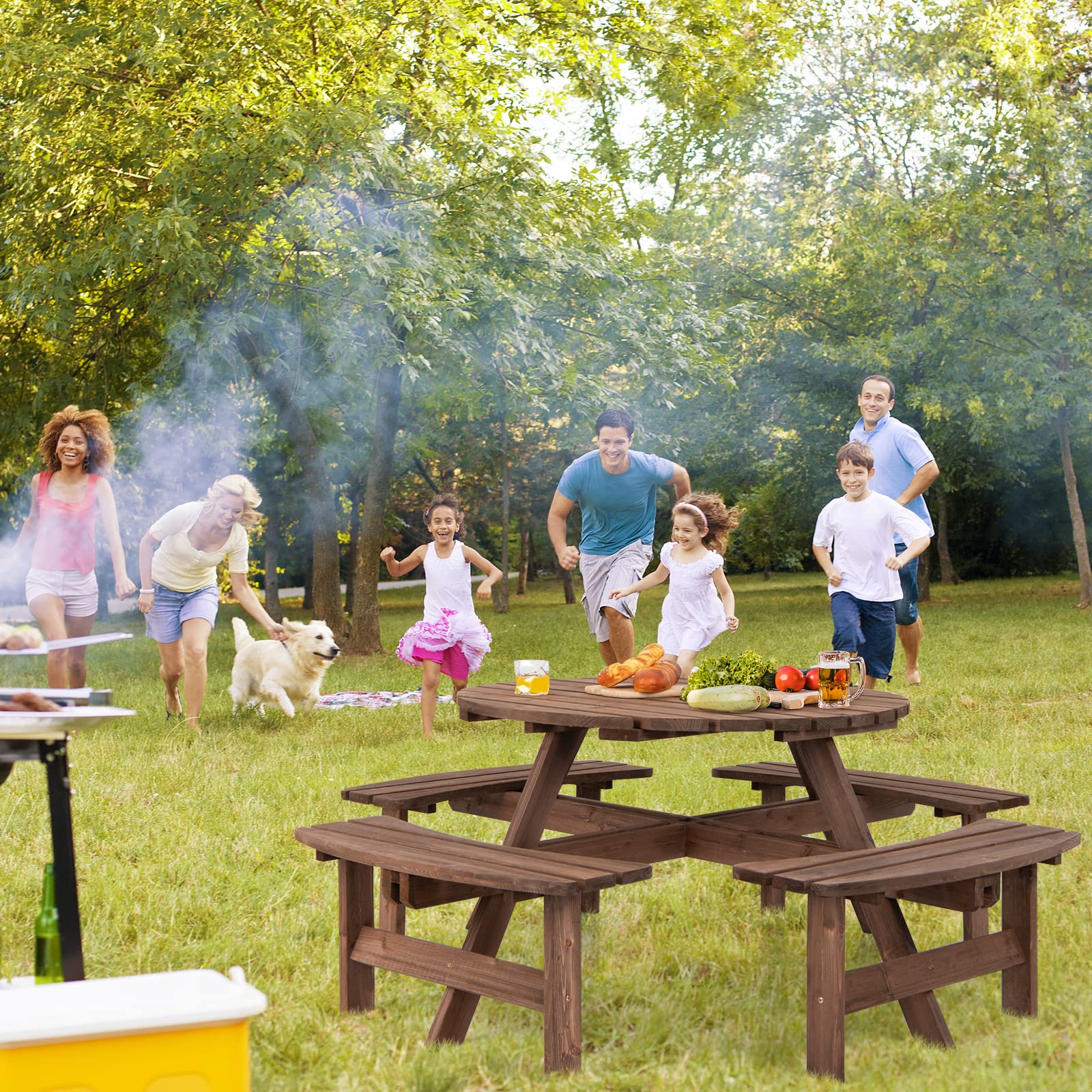 Tangkula 8-Person Round Wooden Picnic Table with 4 Built-in Benches & Umbrella Hole - 500lbs Capacity Per Bench - Outdoor Dining Set for Garden, Backyard, Patio, Camping & Picnic Areas