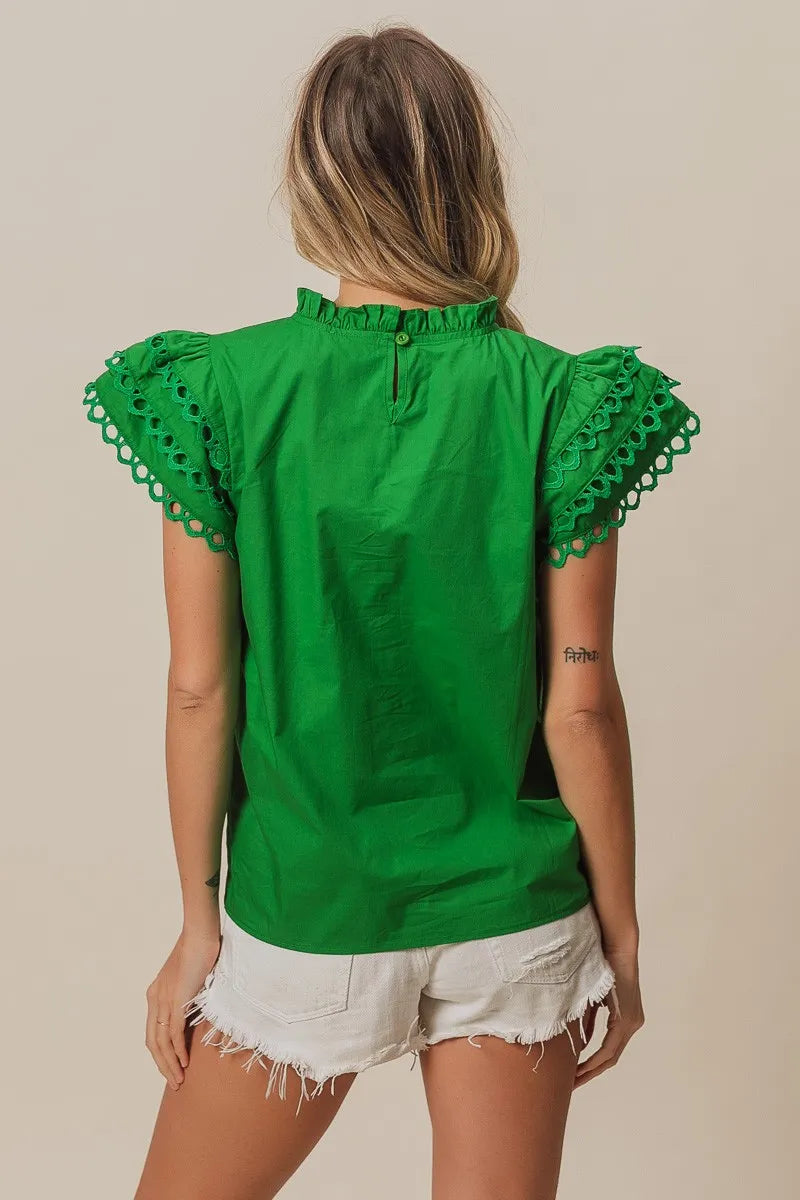 BiBi Solid Woven Circle Trim Ruffle Top Women's Fashion Blouse | Perfect for Casual Outings, Date Nights & Summer Vacations