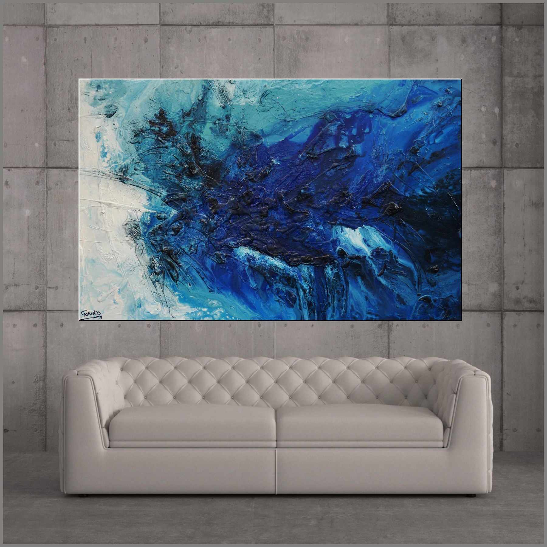 Blue Crush 160cm x 100cm White Blue Abstract Canvas Wall Art - Modern Home Decor for Living Room, Bedroom & Office