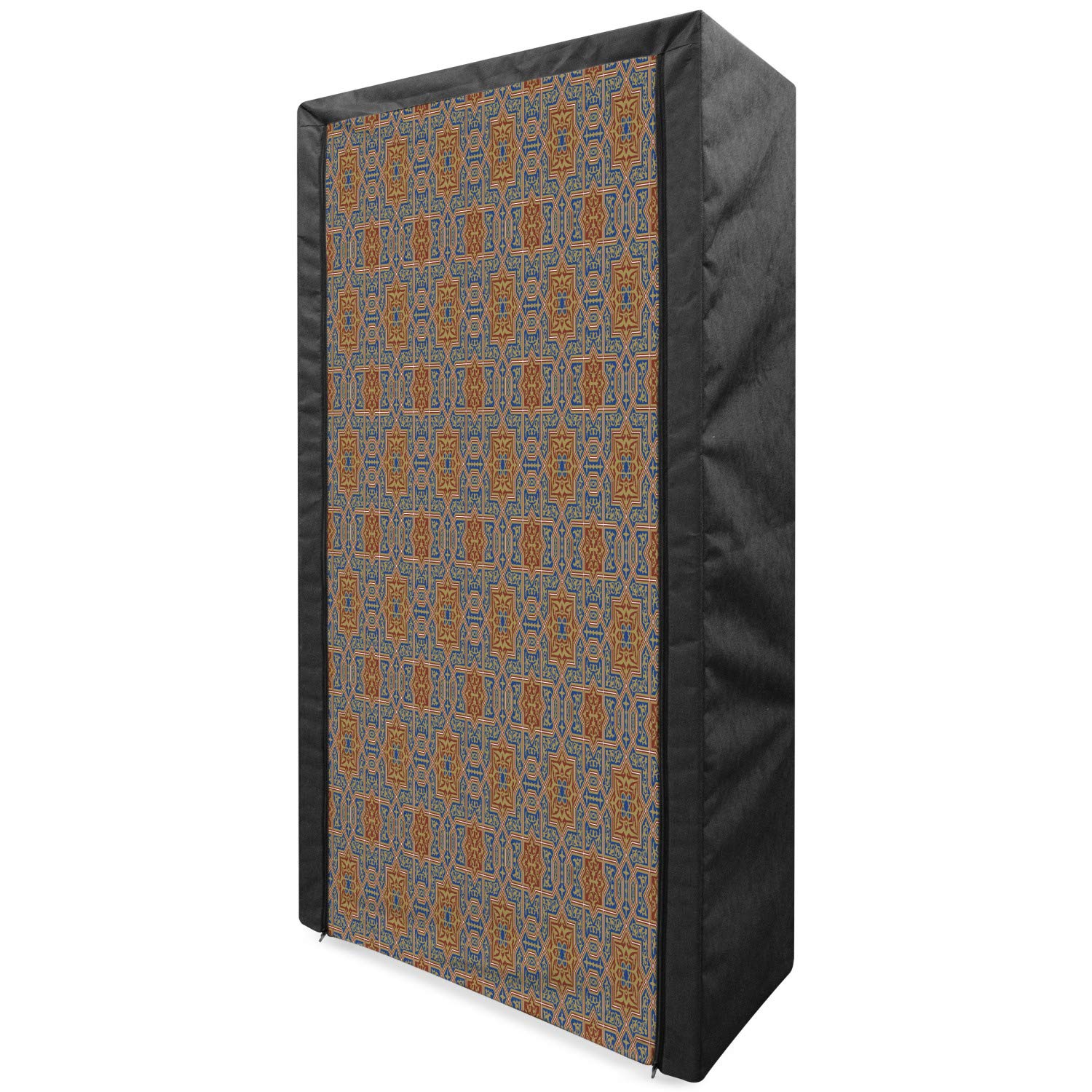 Ambesonne Moroccan Portable Fabric Wardrobe - Traditional Geometric Floral Tile Design with Curly Details, 33.5 Inch Clothing Organizer & Storage Closet with Shelves in Blue Sepia Redwood | Perfect for Bedroom, Closet, Dorm, or Travel Storage