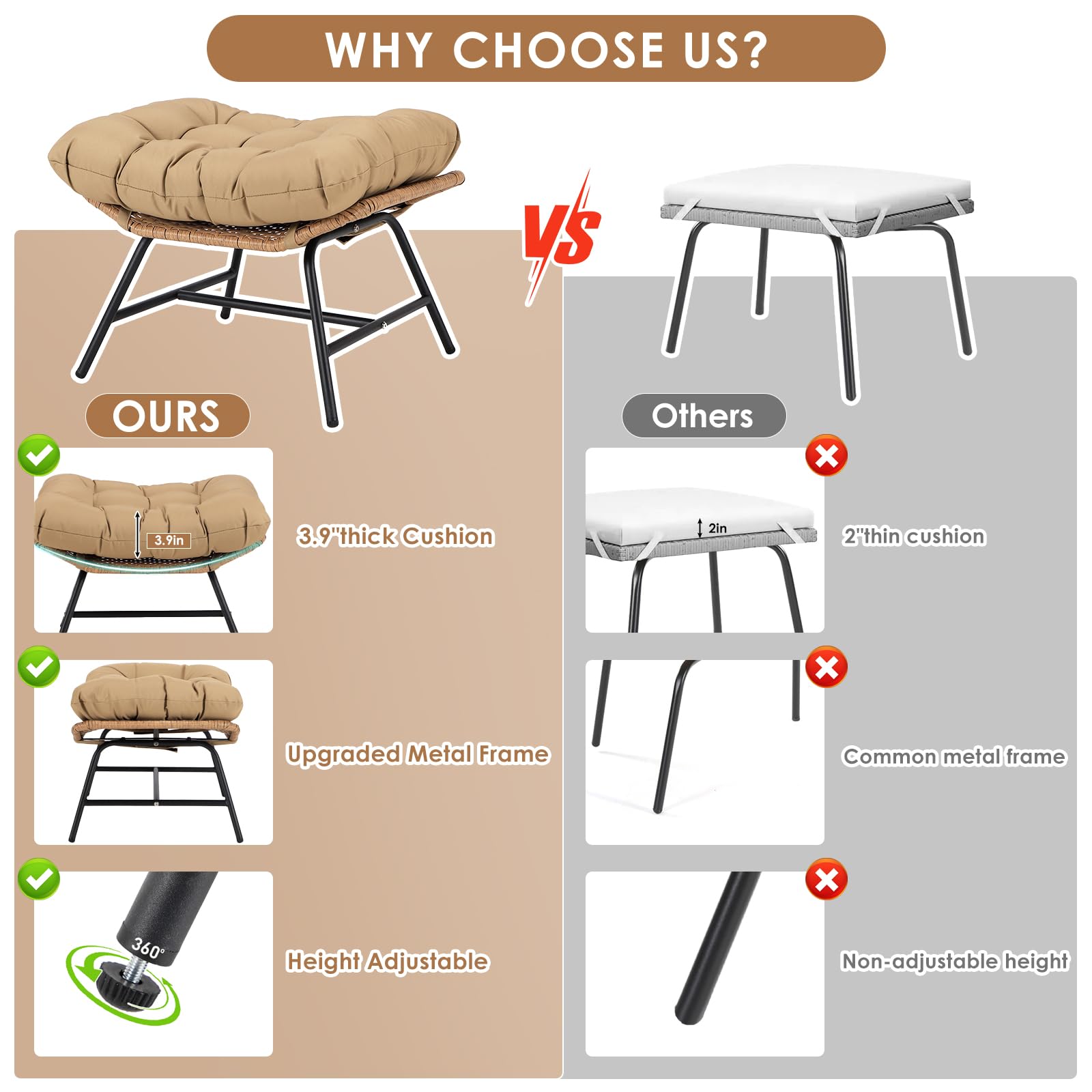 2-Piece PE Rattan U-Shaped Ottomans with 3.9