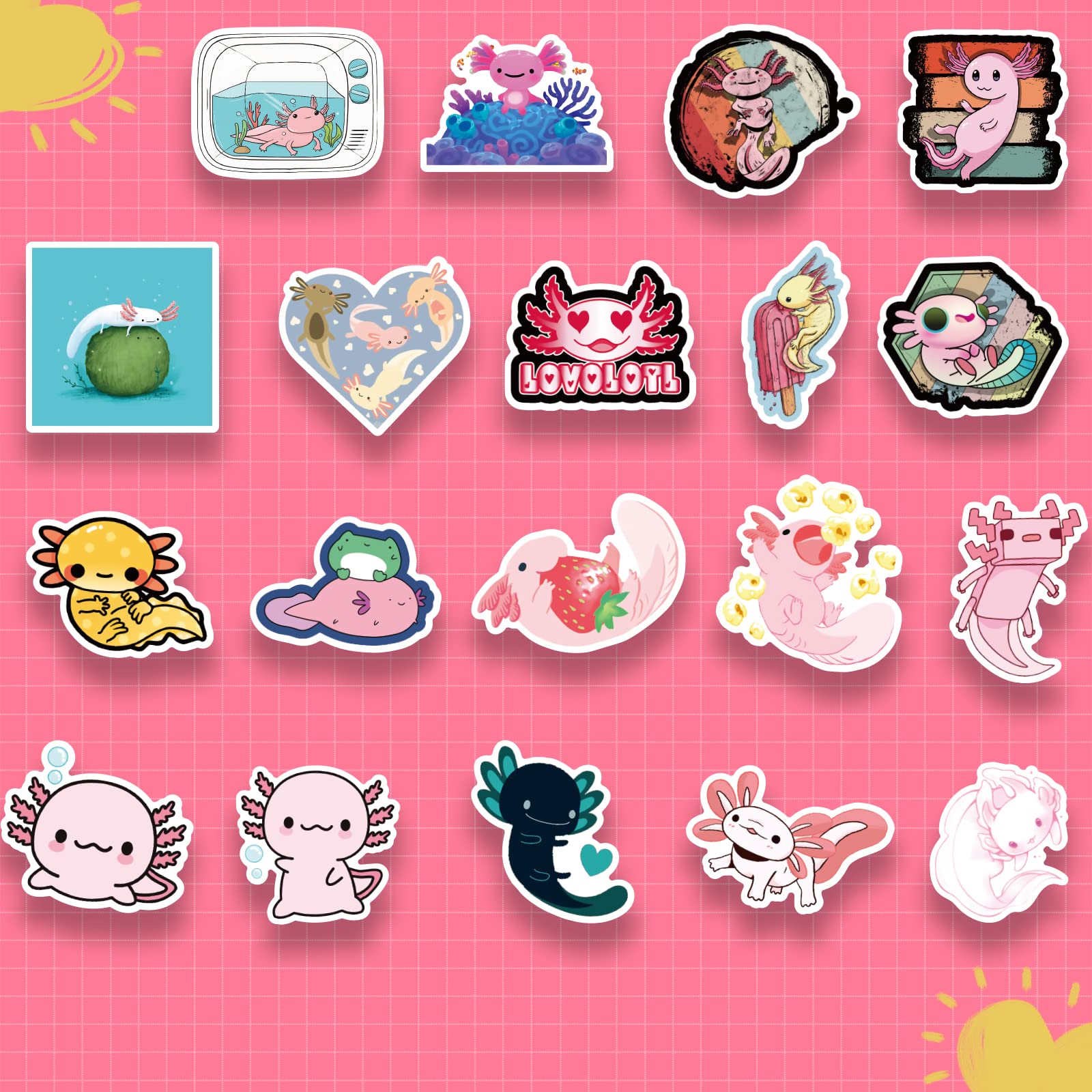 50 PCS Cute Axolotl Waterproof Vinyl Stickers - Decals for Water Bottles, Laptops, Phones & Skateboards - Fun Stickers for Teens, Girls & Kids - Perfect for School, DIY Crafts & Personalizing Belongings
