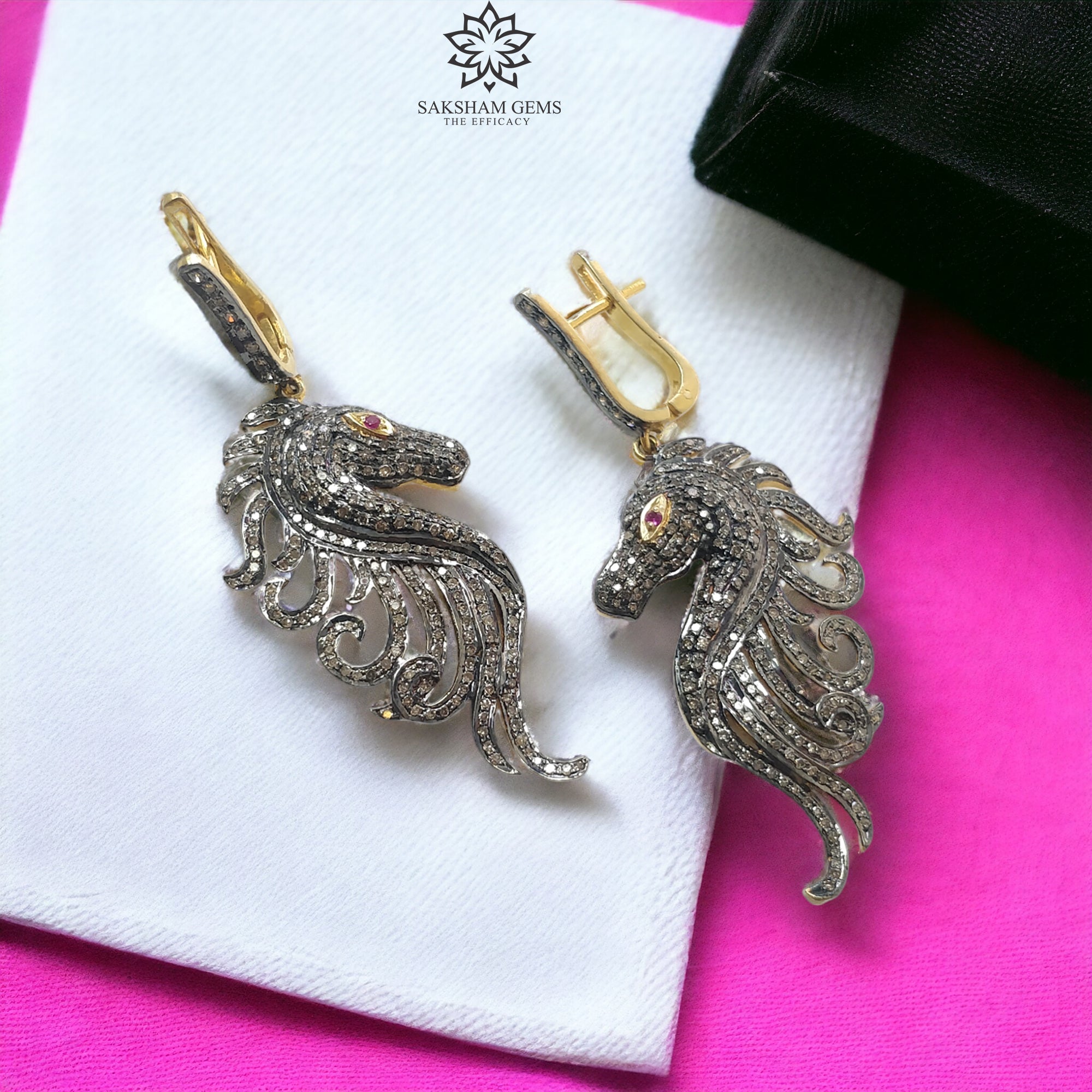 Natural Diamond & Ruby Gemstone Drop Dangle Earrings - 925 Sterling Silver & Gold Latch Back - Horse Face Pave Design (2.4