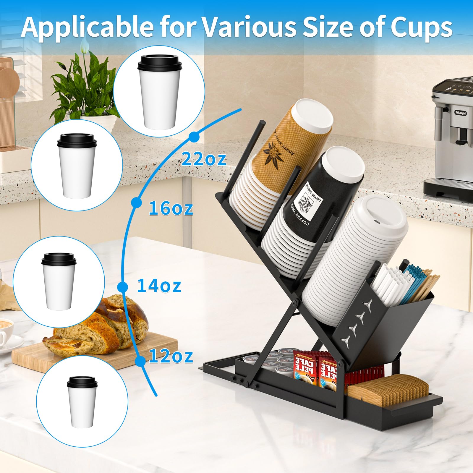 RCHYFEED Metal Coffee Cup and Lid Holder with Straw Organizer - Countertop Coffee Station Dispenser for Disposable Paper Cups, Plastic Cups & Lids - Perfect for Coffee Bars, Offices, and Home Kitchens
