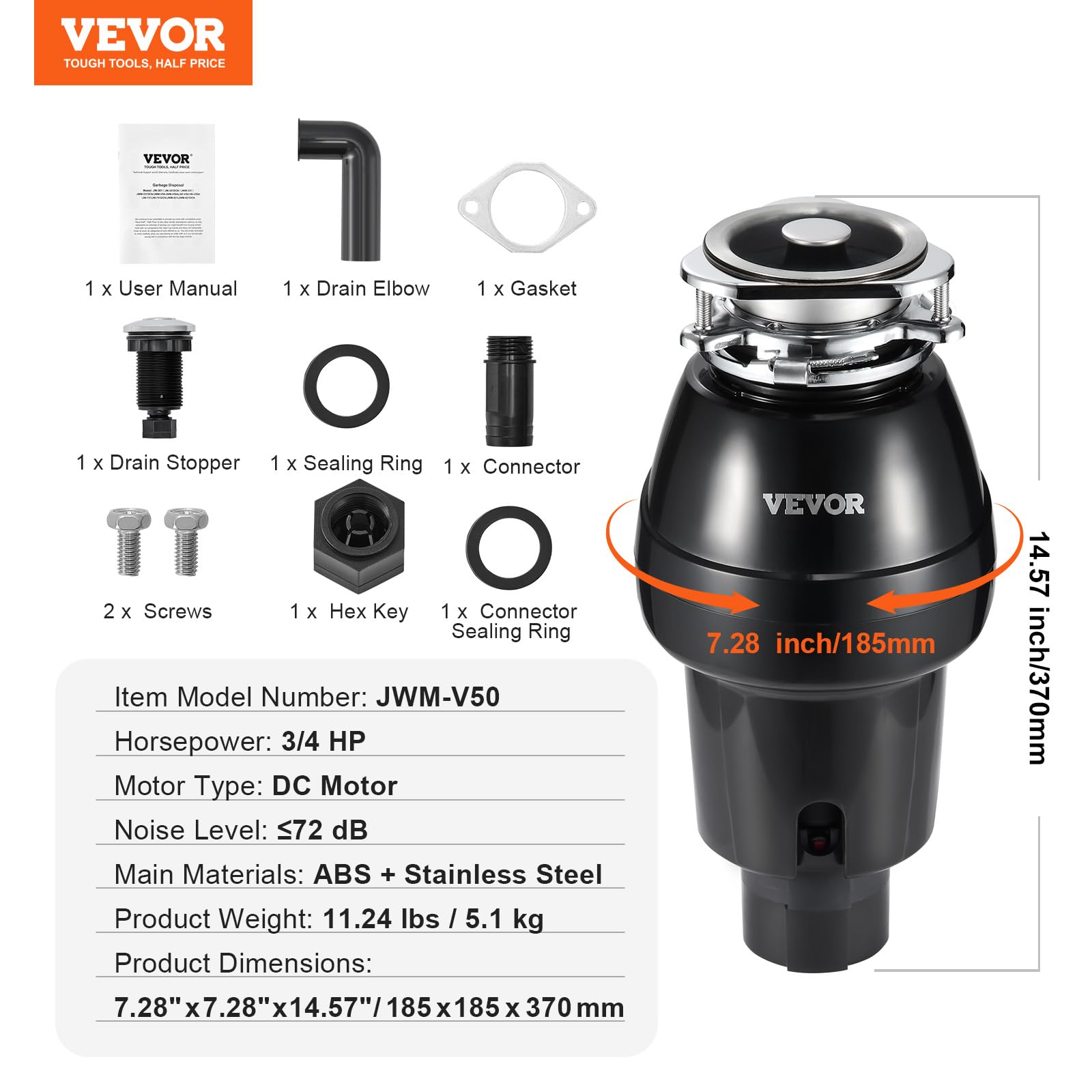 VEVOR 3/4 HP Continuous Feed Garbage Disposal - 3260 RPM Food Waste Disposer with Sound Reduction, 3-Bolt Mount & Splash Guard - Powerful Kitchen Sink Grinder for Everyday Food Scraps & Leftovers (Ideal for Homes, Restaurants & RVs)