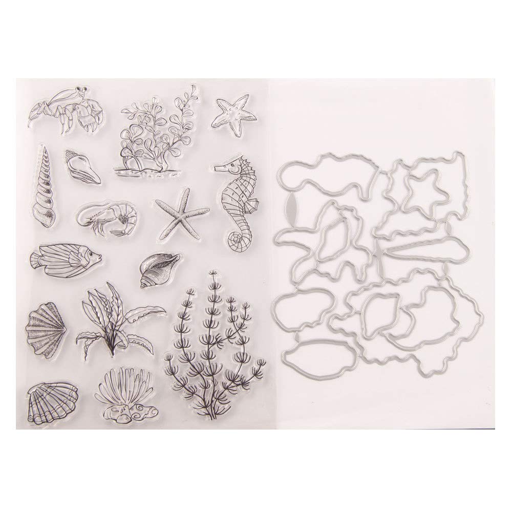 Seahorse Shells Starfish Crab Shrimp Seaweed Clear Stamps and Dies Set - 5.9 x 8.3 Inch Ocean Theme Crafting Supplies for DIY Scrapbooking, Card Making, Invitations, and Home Decor Projects