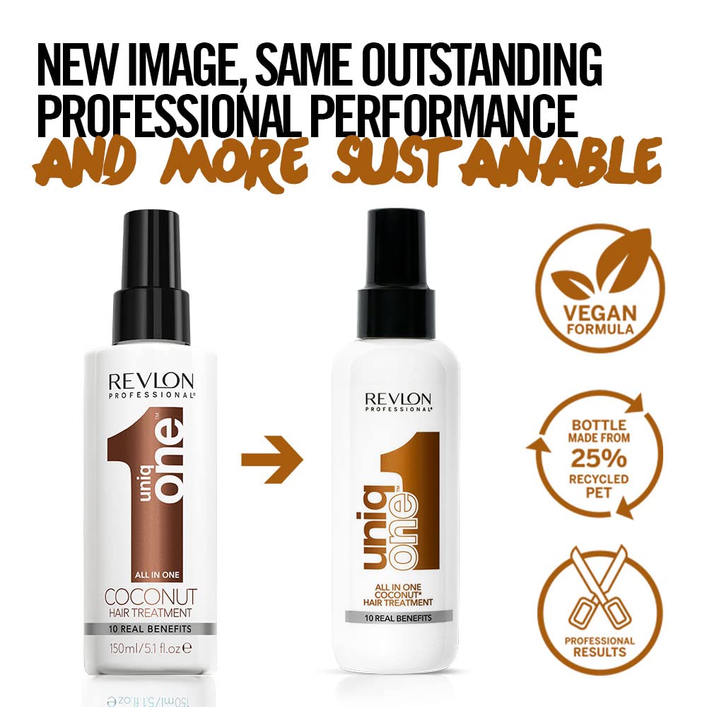REVLON PROFESSIONAL UNIQONE COCO Leave-In Hair Treatment - Coconut Scented Hair Care for Dry & Damaged Hair - 5.07 fl oz (150ml) - Perfect for Daily Hydration & Frizz Control at Home or Salon