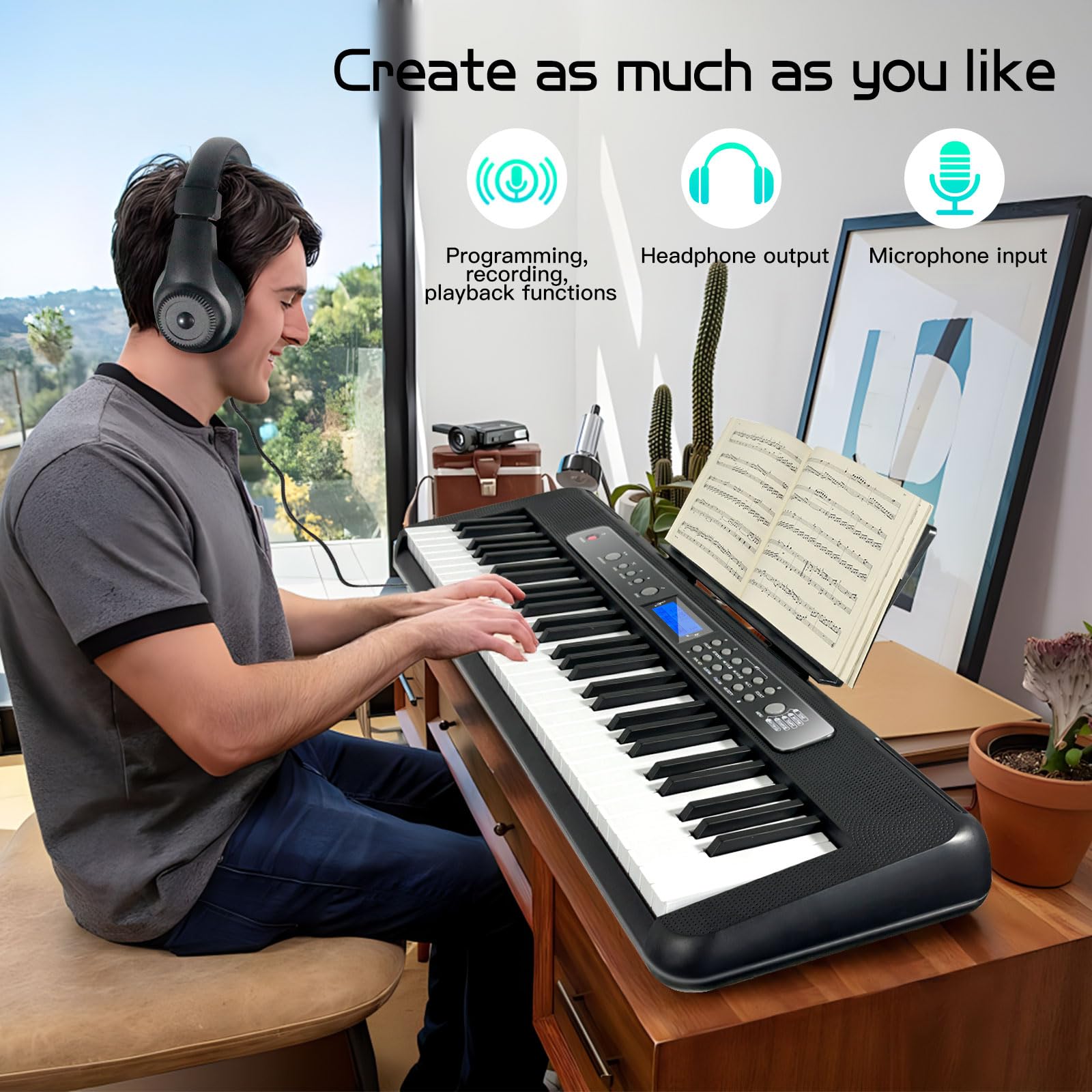 AQNIEGEP Pro 61-Key Electric Keyboard Piano with LCD Display & Sustain Pedal - Full-Size Digital Piano with Stand, Bench, Headphones, Mic - 200 Timbres, 80 Demo Songs, 128 Rhythms - Perfect for Beginners, Professionals & Home/Studio Use