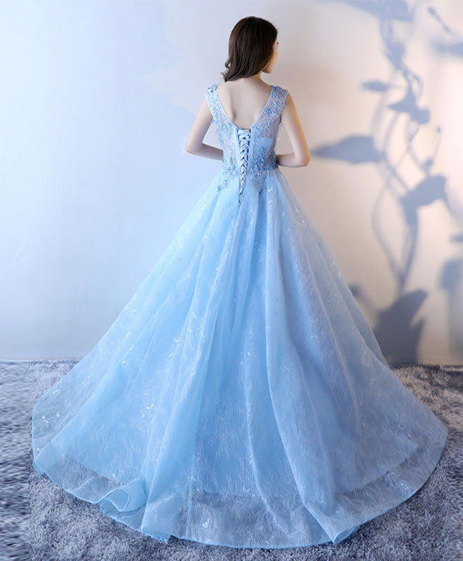 Elegant Light Blue Lace Tulle Long Prom Dress for Women - Formal Evening Gown with Floral Embroidery - Perfect for Homecoming, Wedding Guest & Special Occasions