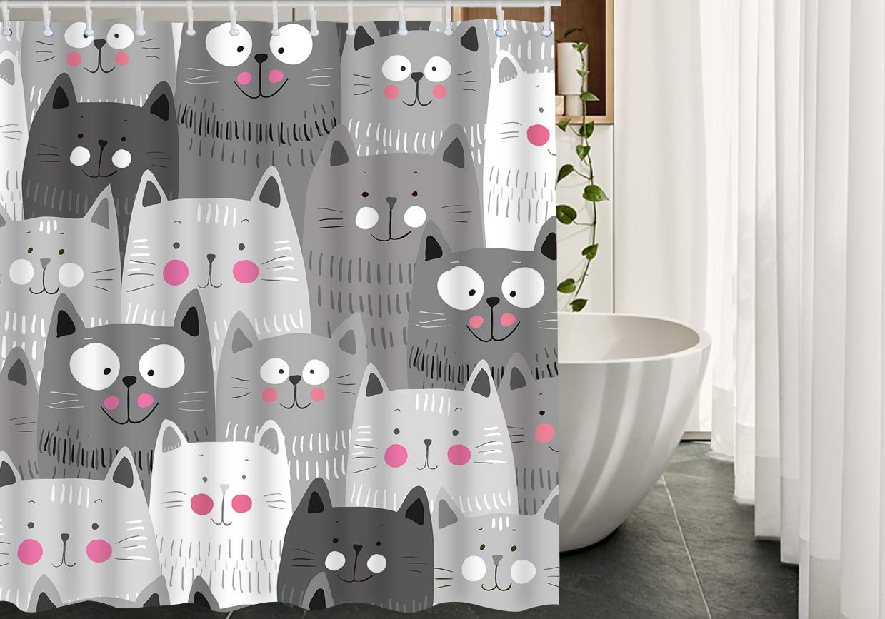 Cute Cartoon Cat Shower Curtain Set - 72x72 Inch Polyester Fabric with Hooks, Funny Kitten Head Doodle Smile Design for Bathroom Decor - Perfect for Kids' Bathroom, Pet Lover's Home, and Themed Nursery Decor