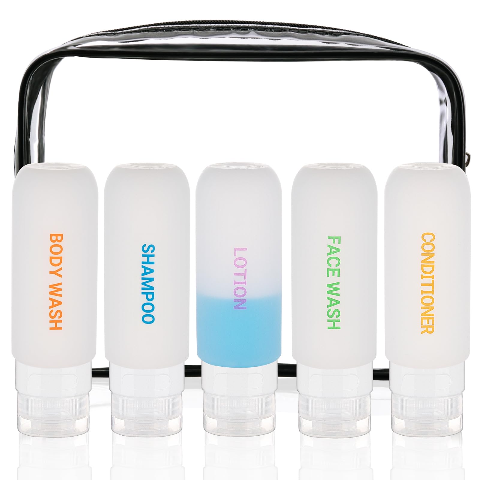 5-Pack 3oz TSA Approved Leak-Proof Travel Bottles - Auto-Rebound Squeezable Silicone Toiletry Containers with Transparent Toiletry Bag | Perfect for Air Travel, Gym, Camping & Vacation Essentials