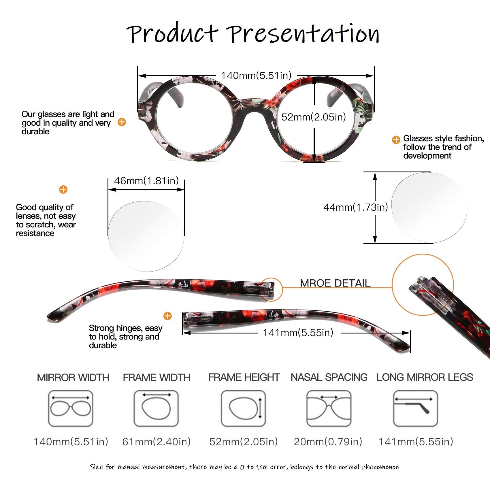 Bevi Stylish Round Reading Glasses for Women with Spring Hinges - 2.25 Magnification (2948) | Lightweight & Comfortable Readers for Book Lovers, Office Work & Daily Use