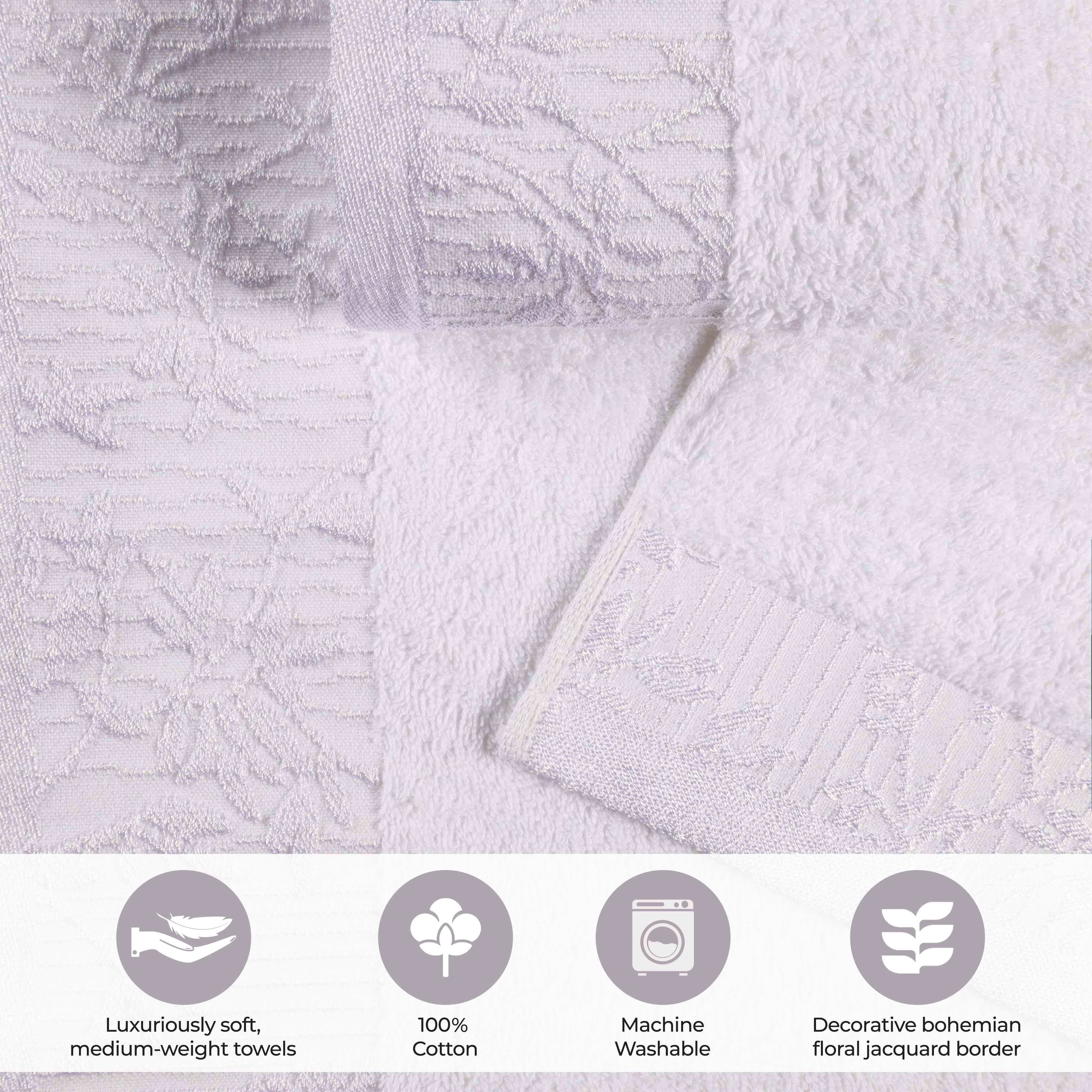 Premium Wisteria Cotton Floral Embroidered Jacquard Border Bath Towel Set of 2 - Soft Absorbent Luxury Towels for Spa, Bathroom & Guest Use