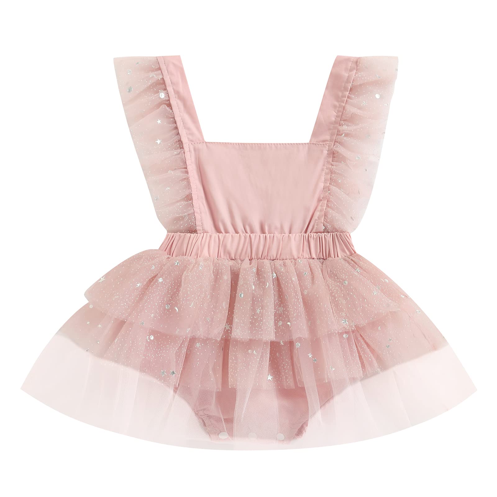 Newborn Baby Girl Summer Romper - Sleeveless Square Neck Jumpsuit with Sequins & Tulle | Princess Party Dress for Infants | Perfect for Photoshoots, Birthday Celebrations & Special Occasions