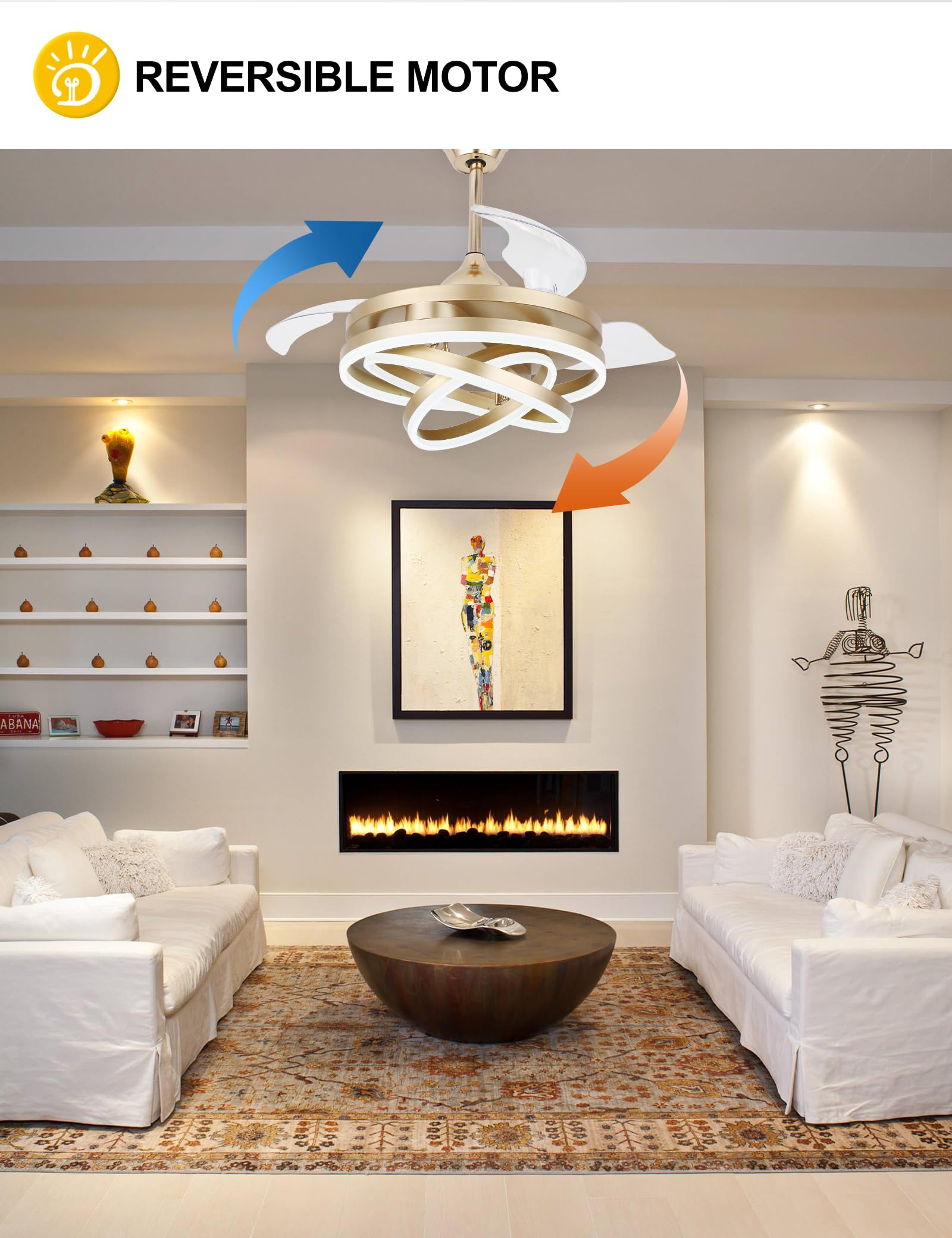 42 Inch Retractable Gold Ceiling Fan with Light & Remote - Silent DC Motor, 6 Speed Settings, Dimmable LED - Modern Chandelier Style for Bedroom, Living Room & Office - Energy Efficient Cooling & Decorative Lighting Solution