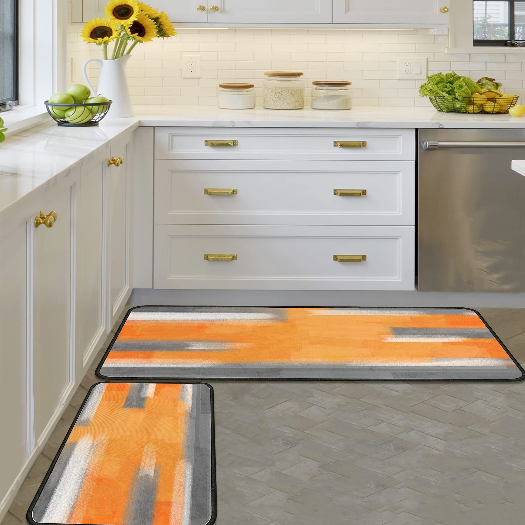 Non-Slip Orange Kitchen Rugs Set of 2 - Washable Floor Mats with Anti-Skid Backing - 17x47.2 & 17x30 Inch Home Decor Runner for Kitchen, Entryway, and Laundry Room - Perfect for High-Traffic Areas and Spill Protection