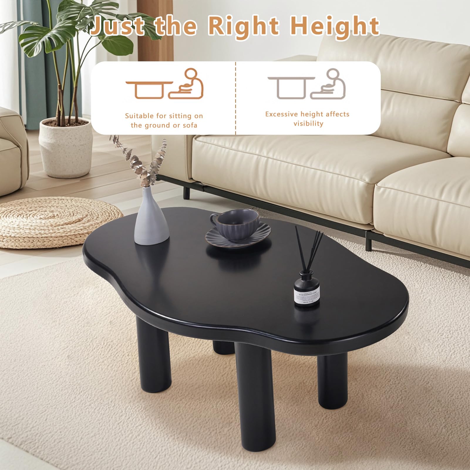 MAXYOYO Modern Irregular Shape Cloud Coffee Table with 4 Sturdy Legs - Stylish Black Accent Table for Living Room, Bedroom or Office Decor