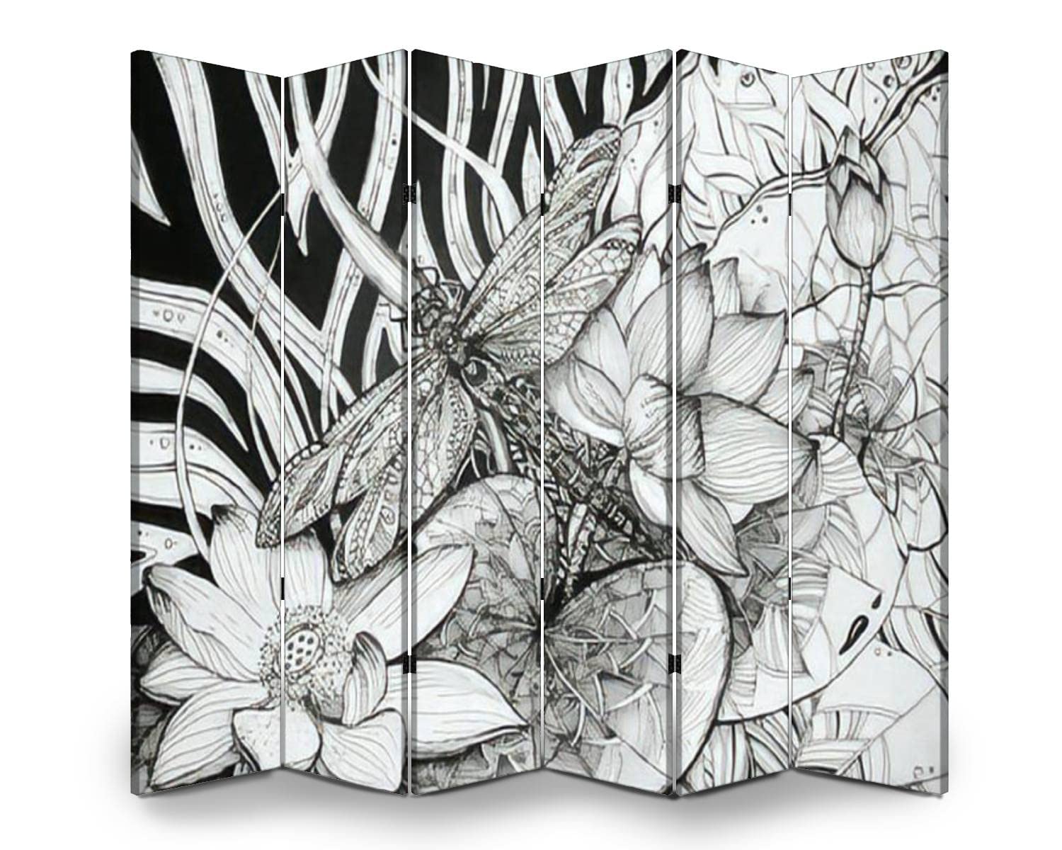 6-Panel Wooden Room Divider with Lotus & Dragonfly Design - Folding Privacy Screen, Dual-Sided Canvas Partition for Home Decor | Perfect for Living Room, Bedroom, and Office Space Separation