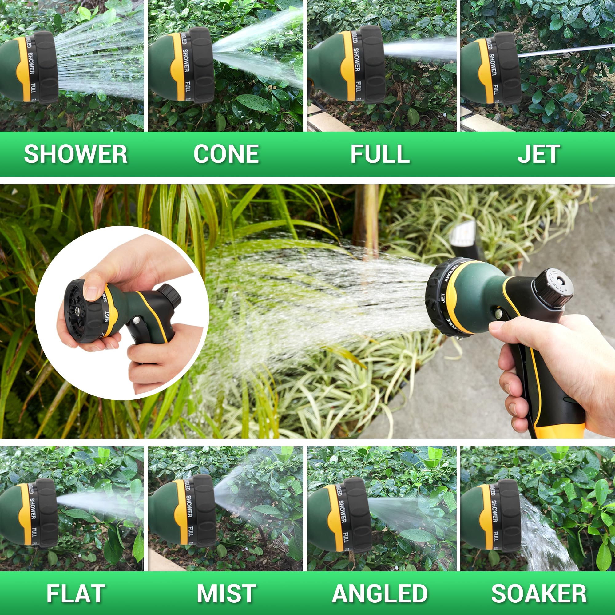NGreen Heavy Duty Garden Hose Nozzle - 8 Adjustable Water Spray Patterns, Ergonomic Non-Slip Grip for Plants, Pet Bathing, Car Washing & Outdoor Cleaning (Green) | Perfect for Lawns, Gardens, Driveways & Patio Maintenance