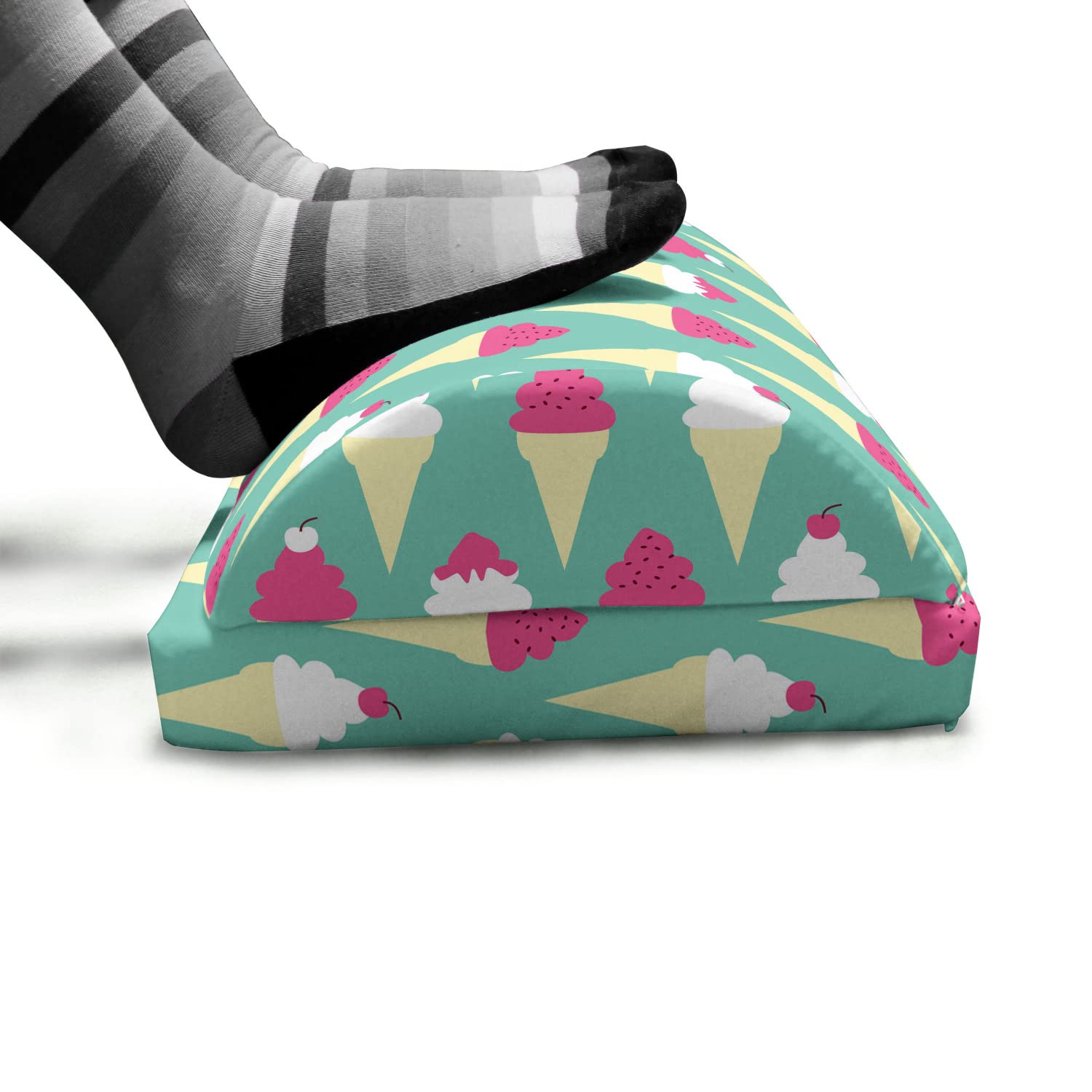 Ambesonne Adjustable Ergonomic Memory Foam Foot Rest - Non-Slip Office Leg Support with Pop Art Ice Cream Cone Design in Cream, White & Pink | Perfect for Home Office, Gaming & Workstation Comfort